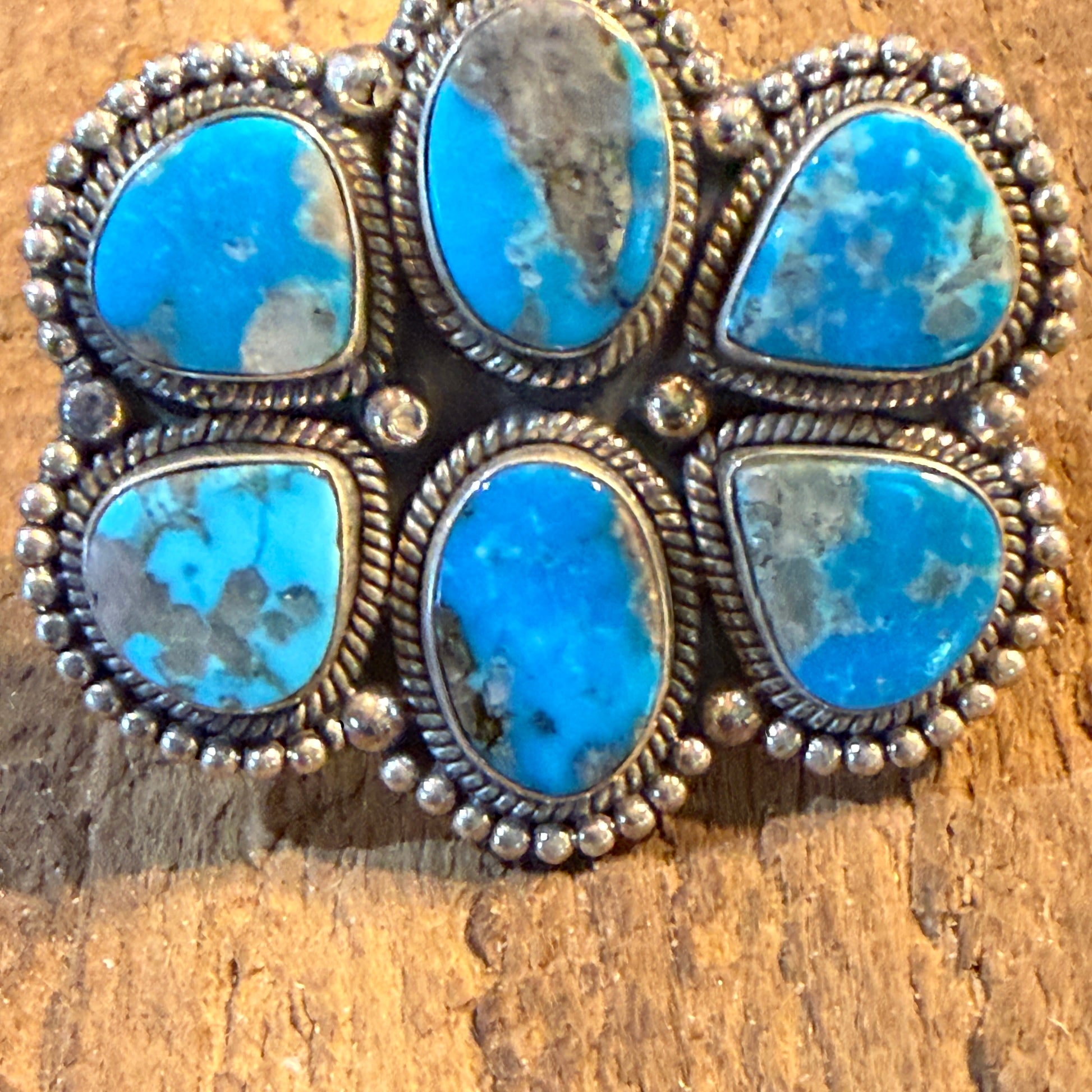 Kingman Turquoise Gemstone Cluster Statement Adjustable Ring, Sterling Silver Wild West Boho