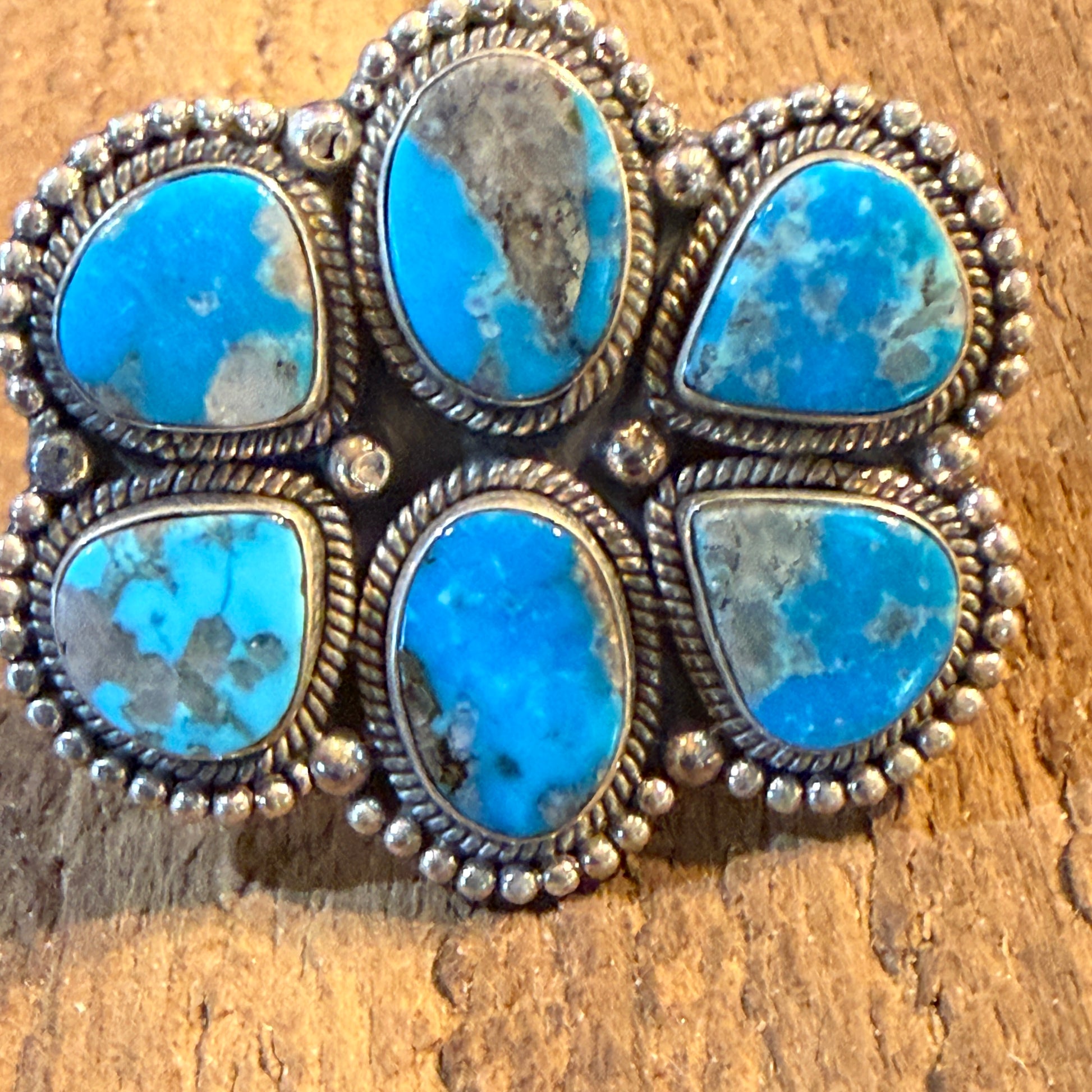Kingman Turquoise Gemstone Cluster Statement Adjustable Ring, Sterling Silver Wild West Boho
