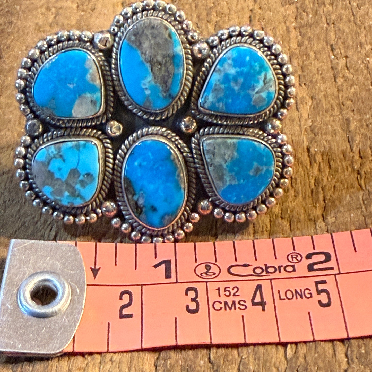 Kingman Turquoise Gemstone Cluster Statement Adjustable Ring, Sterling Silver Wild West Boho