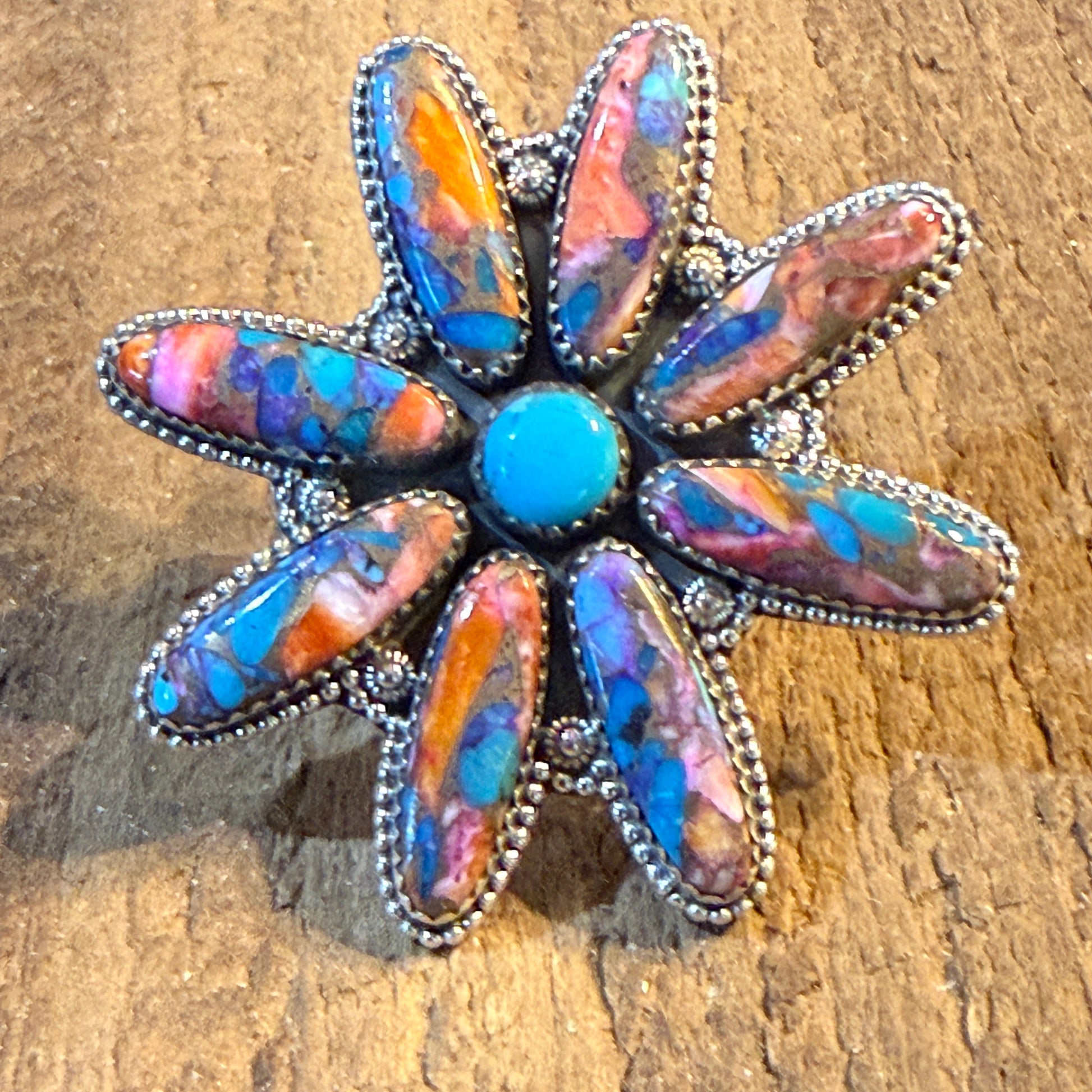 Spiny Oyster and Kingman Turquoise Floral Oversized Statement Ring, Adjustable, Sterling Silver Wild West Boho