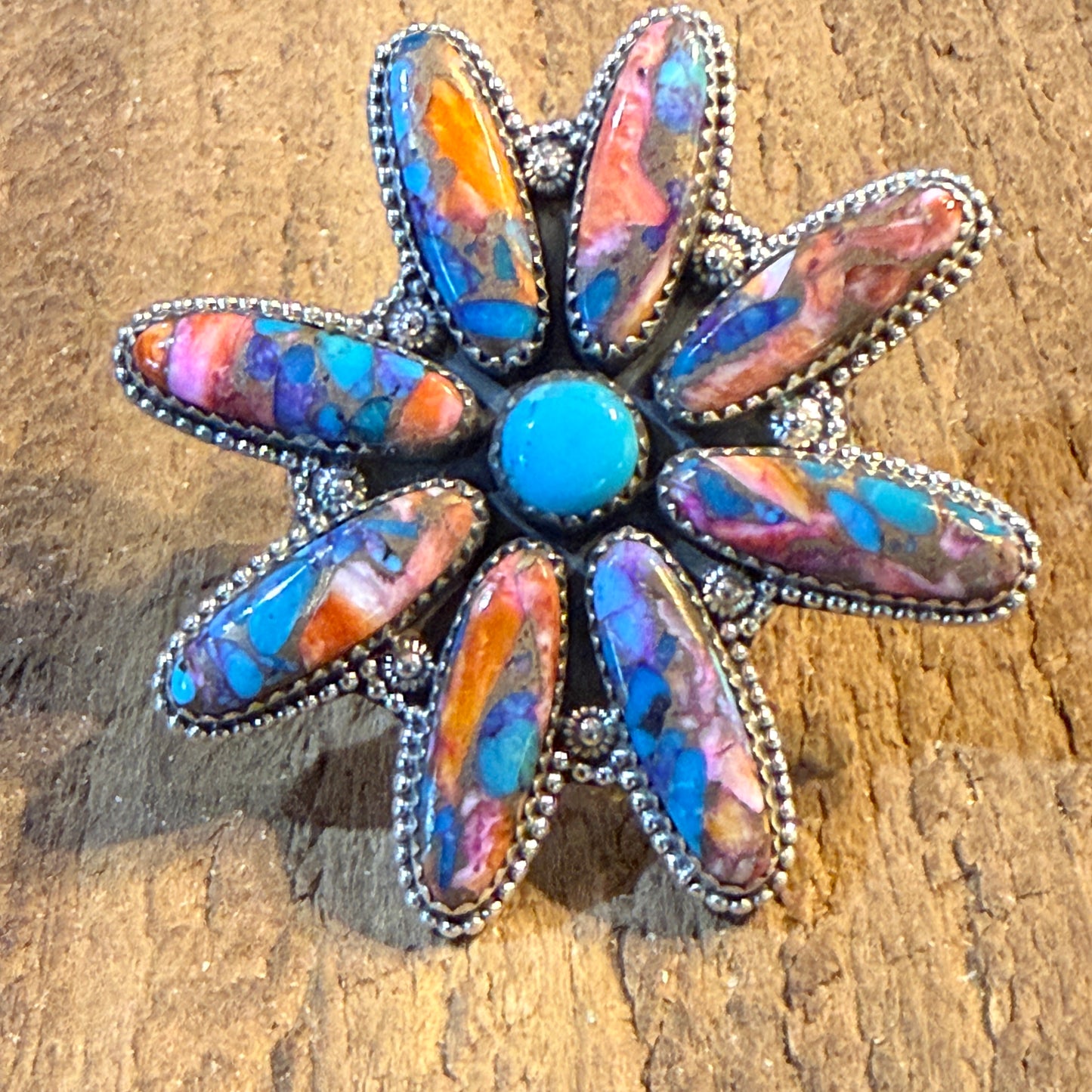 Spiny Oyster and Kingman Turquoise Floral Oversized Statement Ring, Adjustable, Sterling Silver Wild West Boho