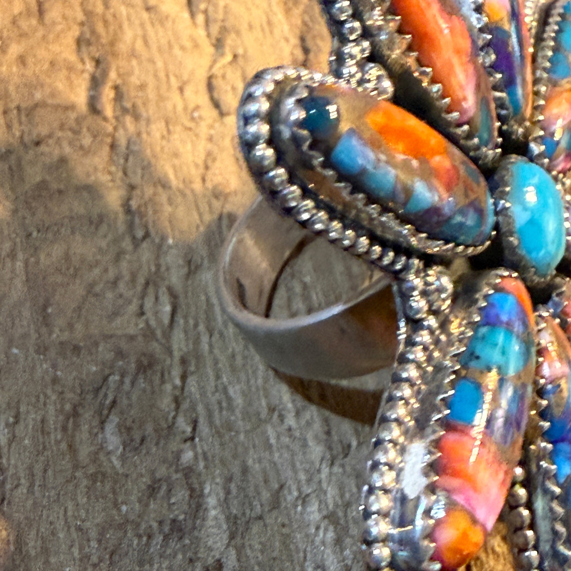 Spiny Oyster and Kingman Turquoise Floral Oversized Statement Ring, Adjustable, Sterling Silver Wild West Boho