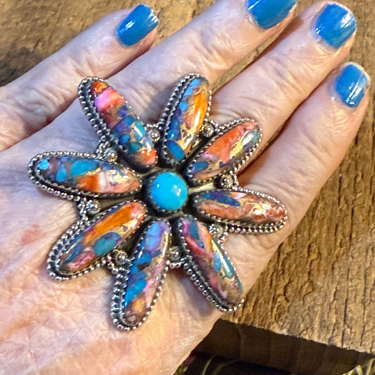 Spiny Oyster and Kingman Turquoise Floral Oversized Statement Ring, Adjustable, Sterling Silver Wild West Boho