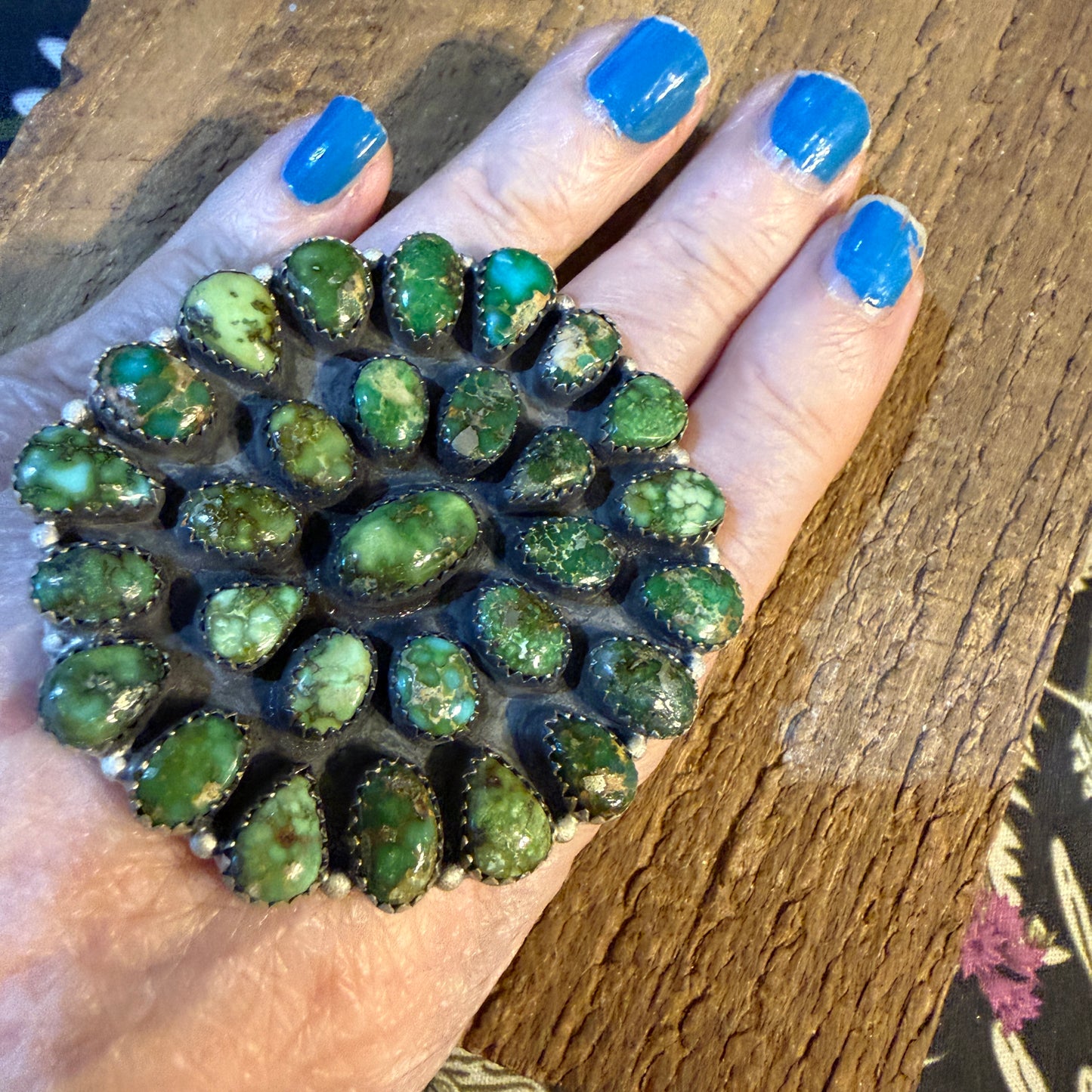 Sonoran Gold Turquoise Gemstones Cluster Oversized Statement Ring, Adjustable, Sterling Silver Wild West Boho