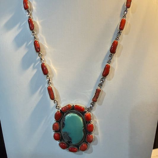 Kingman Turquoise and Mediterranean Coral Necklace, Sterling Silver Wild West Boho
