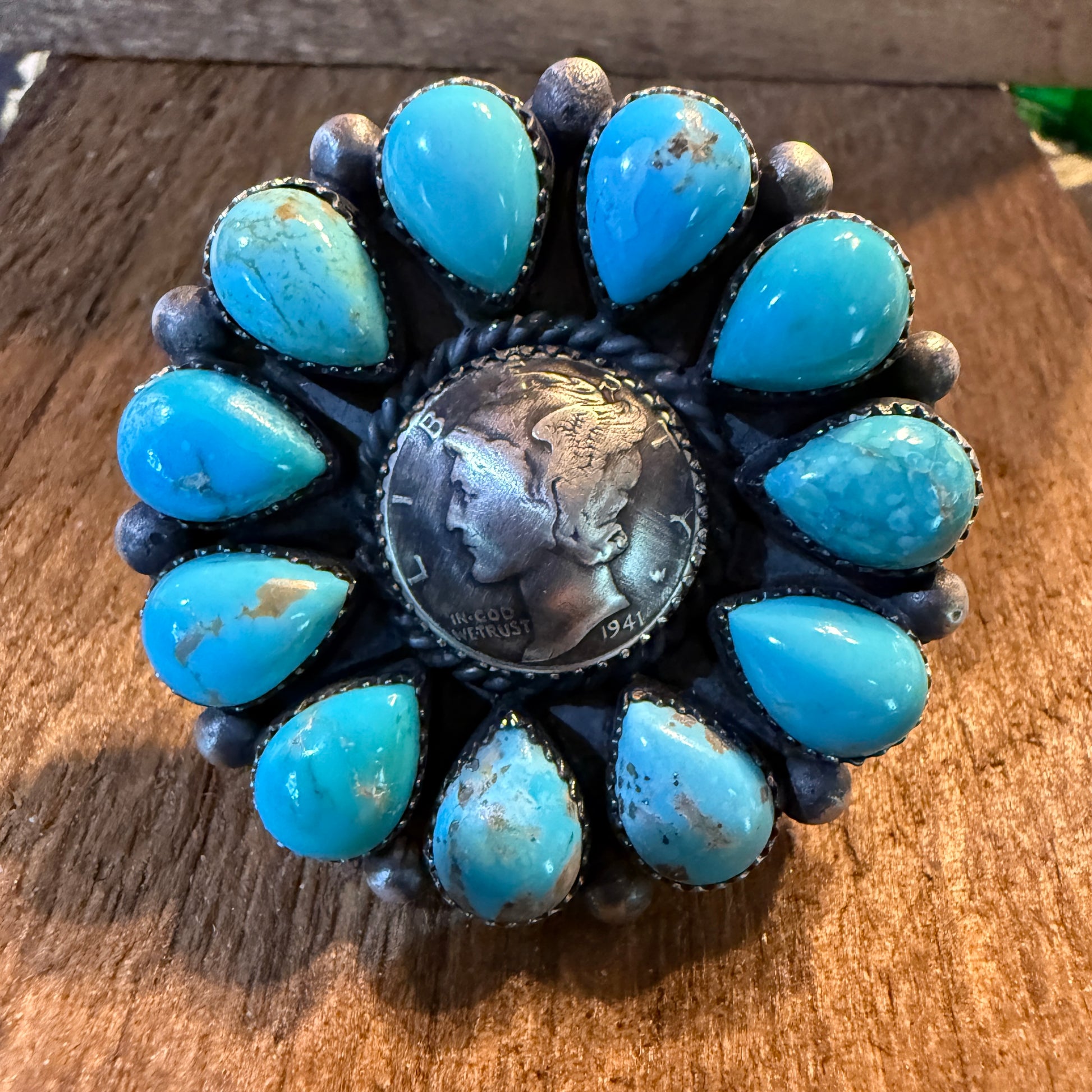 Marlene Jones Navaho Handmade Kingman Turquoise Cluster Adjustable Ring, Sterling Silver Wild West Boho