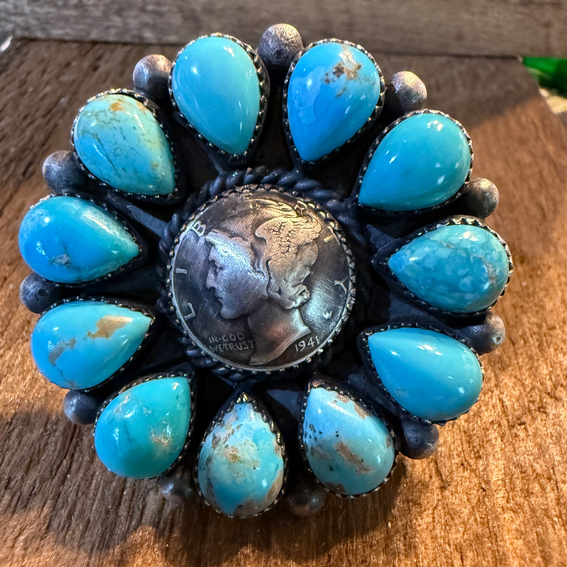 Marlene Jones Navaho Handmade Kingman Turquoise Cluster Adjustable Ring, Sterling Silver Wild West Boho