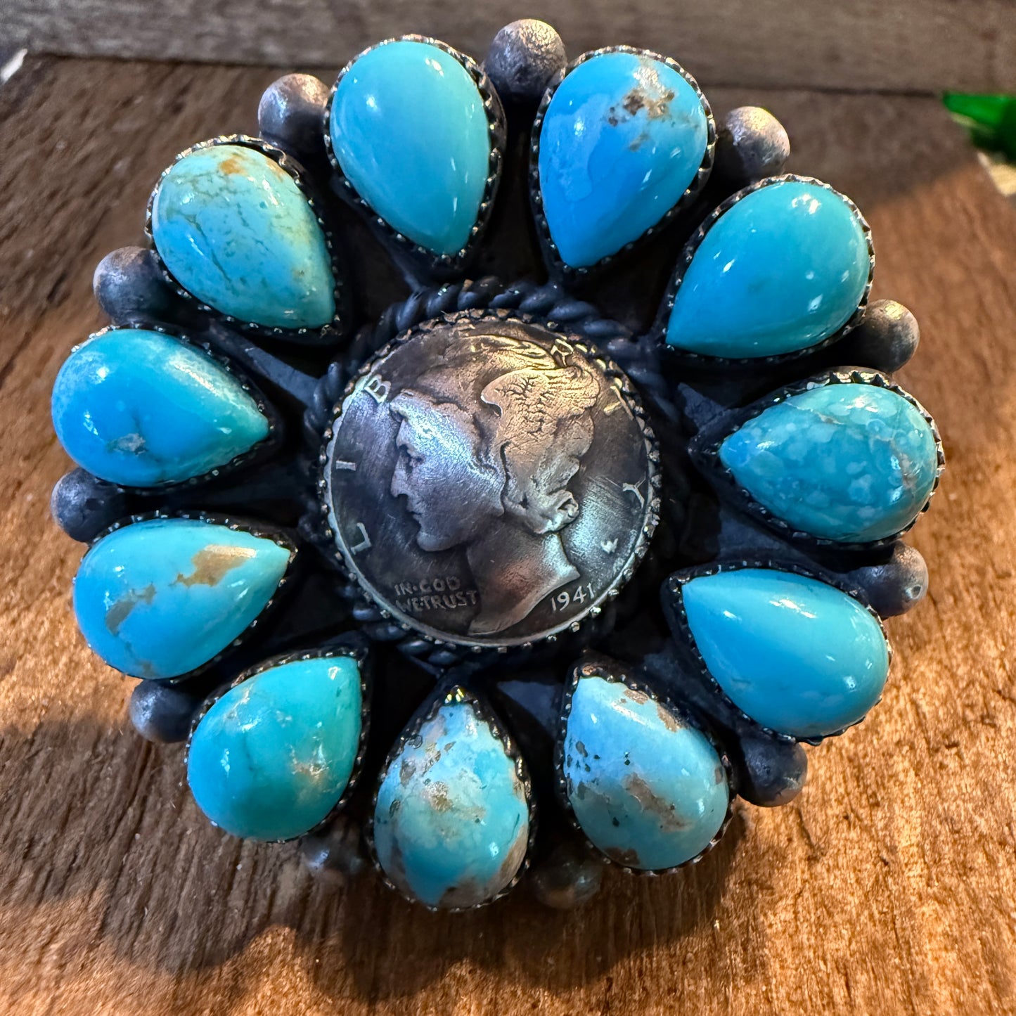 Marlene Jones Navaho Handmade Kingman Turquoise Cluster Adjustable Ring, Sterling Silver Wild West Boho