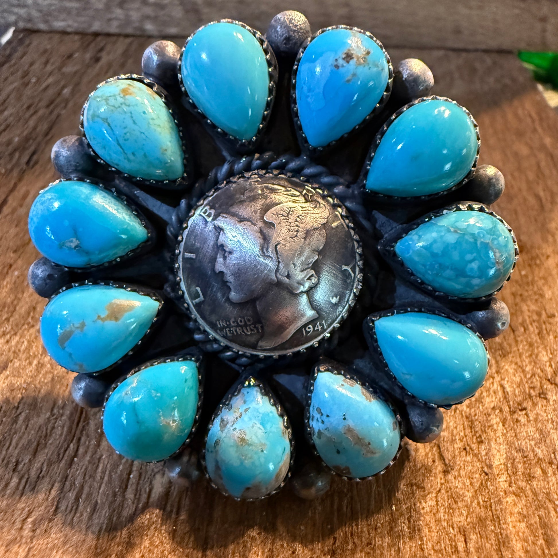 Marlene Jones Navaho Handmade Kingman Turquoise Cluster Adjustable Ring, Sterling Silver Wild West Boho
