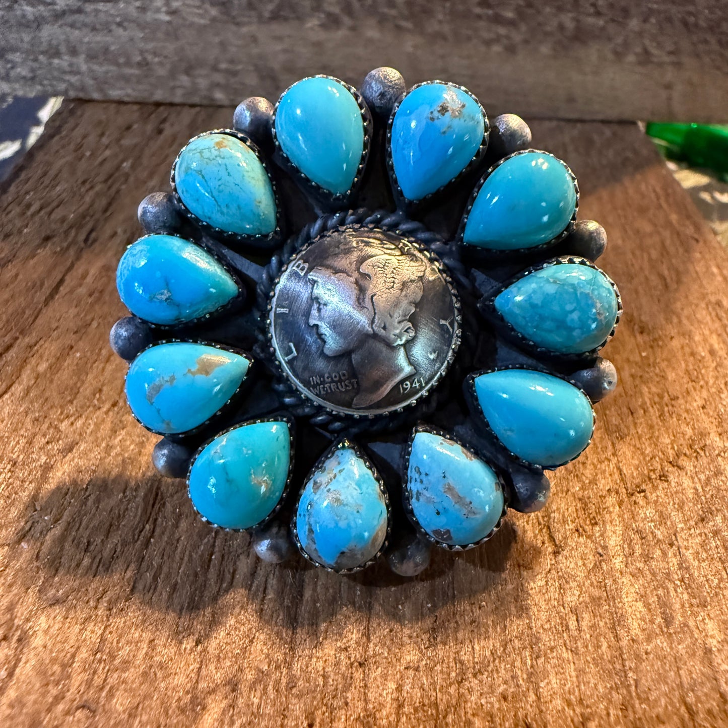 Marlene Jones Navaho Handmade Kingman Turquoise Cluster Adjustable Ring, Sterling Silver Wild West Boho