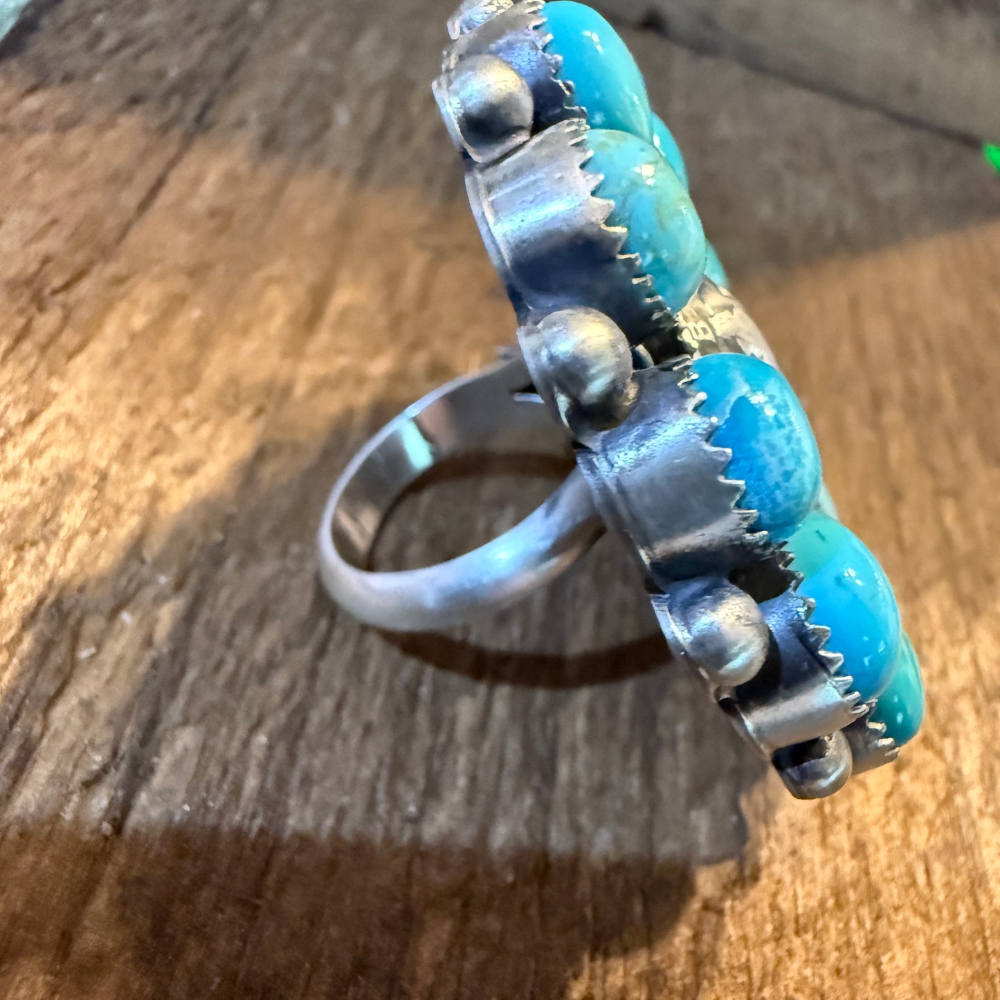Marlene Jones Navaho Handmade Kingman Turquoise Cluster Adjustable Ring, Sterling Silver Wild West Boho