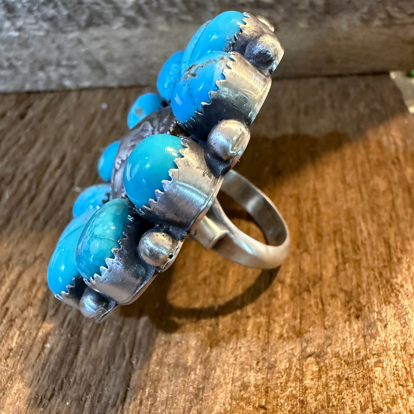 Marlene Jones Navaho Handmade Kingman Turquoise Cluster Adjustable Ring, Sterling Silver Wild West Boho