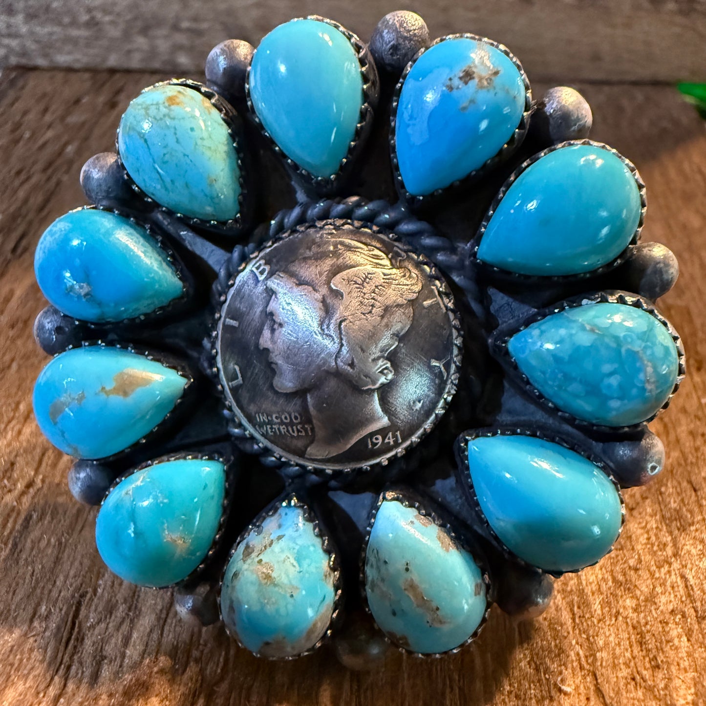 Marlene Jones Navaho Handmade Kingman Turquoise Cluster Adjustable Ring, Sterling Silver Wild West Boho