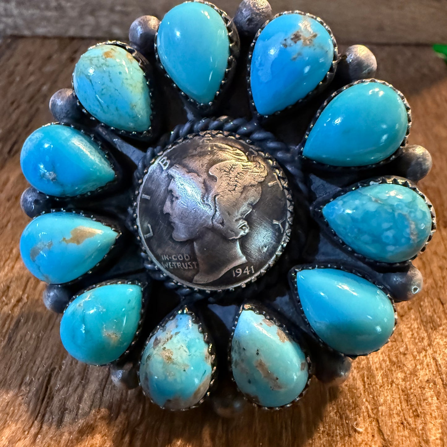 Marlene Jones Navaho Handmade Kingman Turquoise Cluster Adjustable Ring, Sterling Silver Wild West Boho