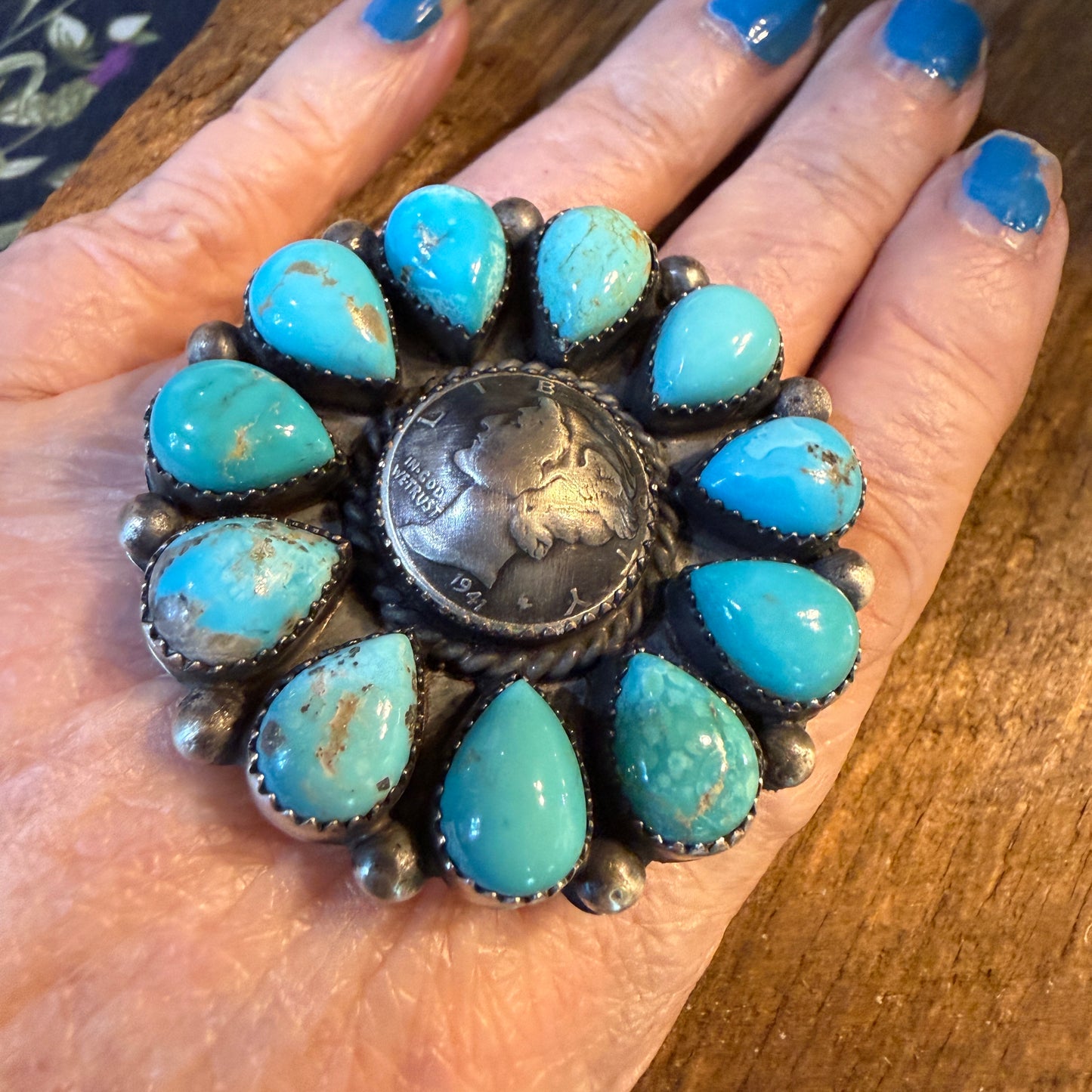 Marlene Jones Navaho Handmade Kingman Turquoise Cluster Adjustable Ring, Sterling Silver Wild West Boho