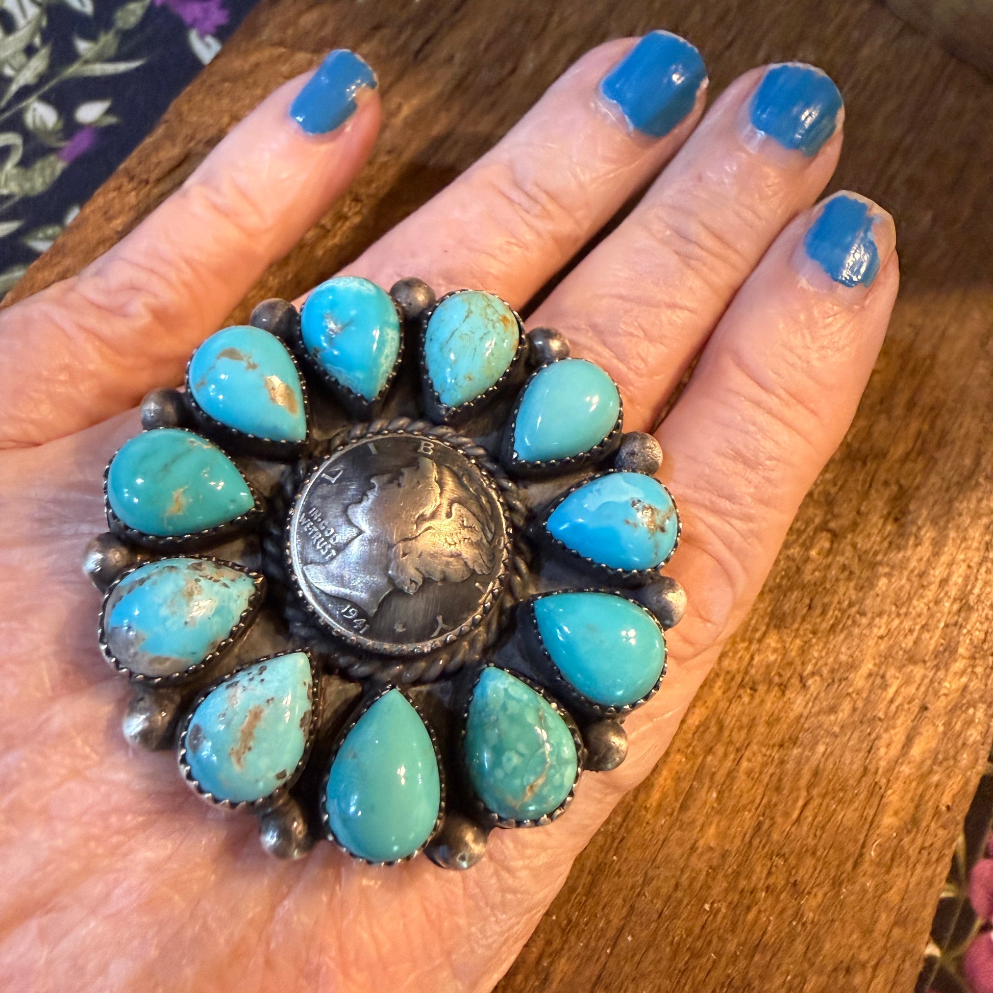 Marlene Jones Navaho Handmade Kingman Turquoise Cluster Adjustable Ring, Sterling Silver Wild West Boho