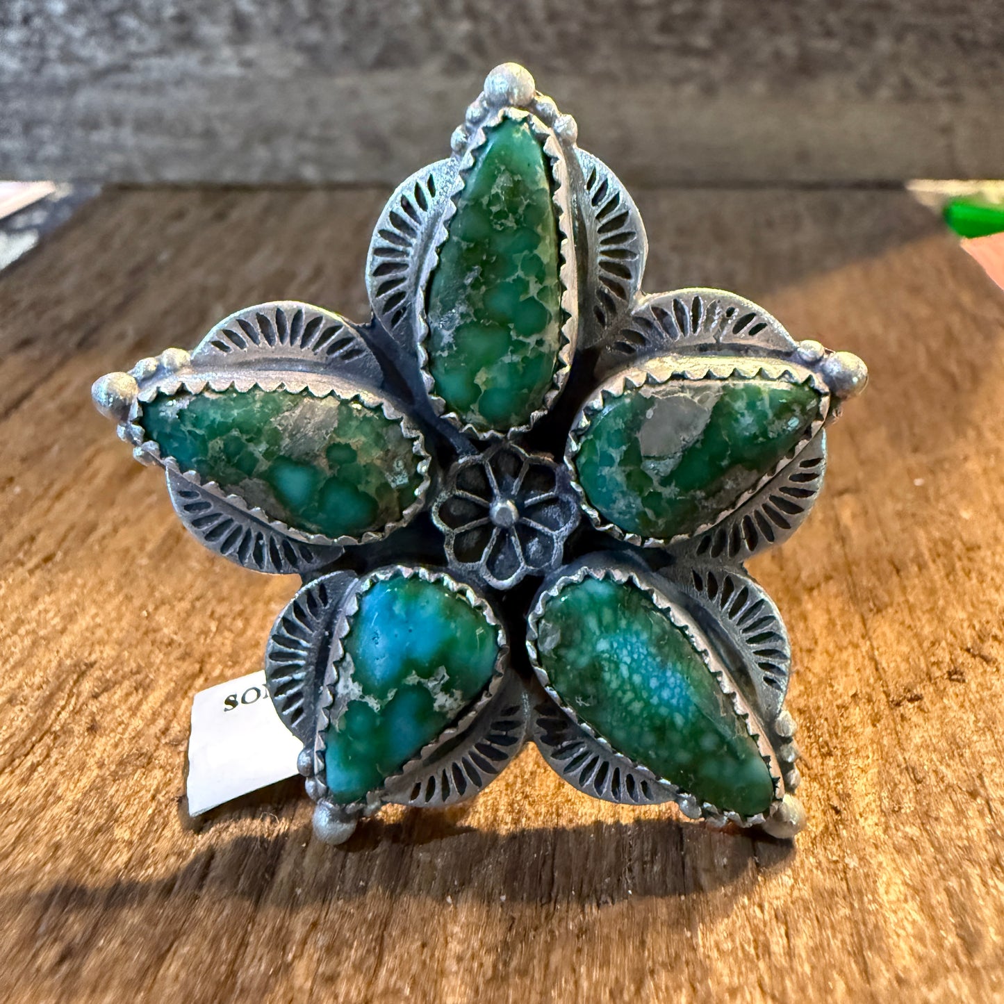 Sonoran Gold Turquoise Gemstone BiG Floral Adjustable Ring, Sterling Silver Wild West Boho