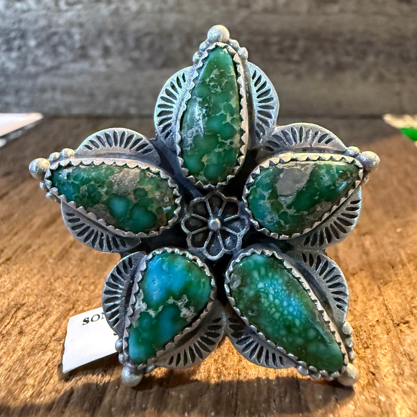 Sonoran Gold Turquoise Gemstone BiG Floral Adjustable Ring, Sterling Silver Wild West Boho