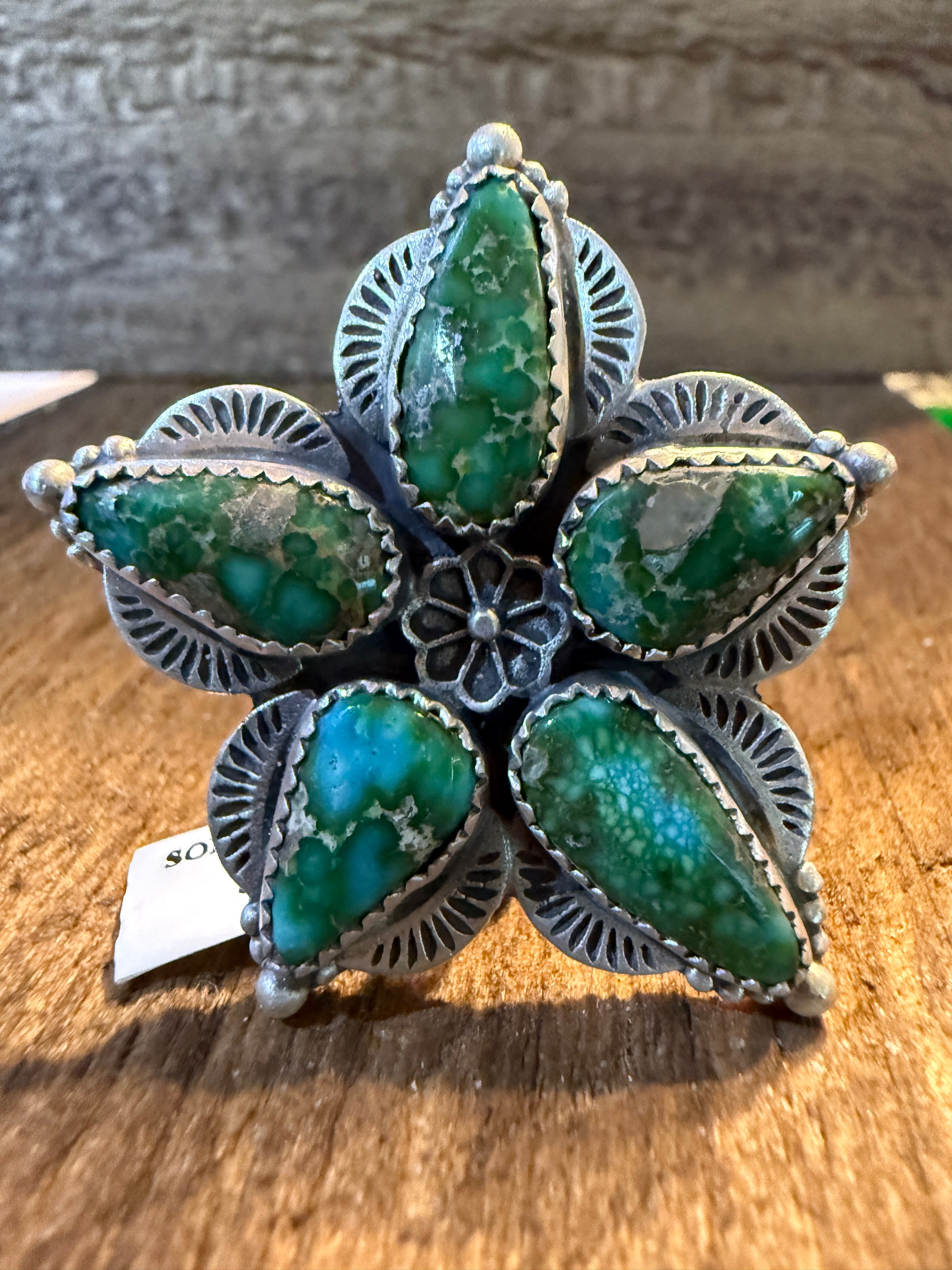 Sonoran Gold Turquoise Gemstone BiG Floral Adjustable Ring, Sterling Silver Wild West Boho