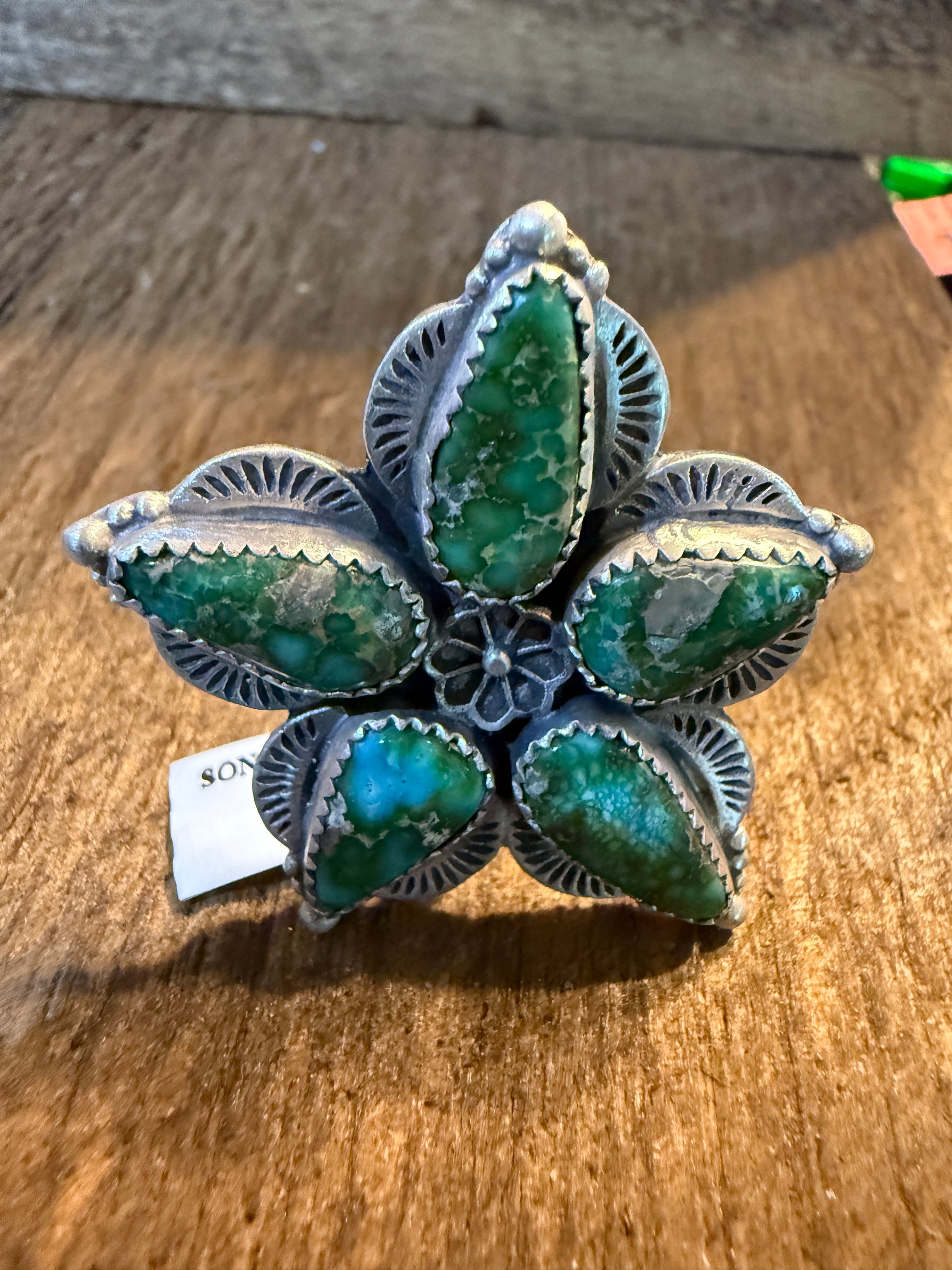 Sonoran Gold Turquoise Gemstone BiG Floral Adjustable Ring, Sterling Silver Wild West Boho