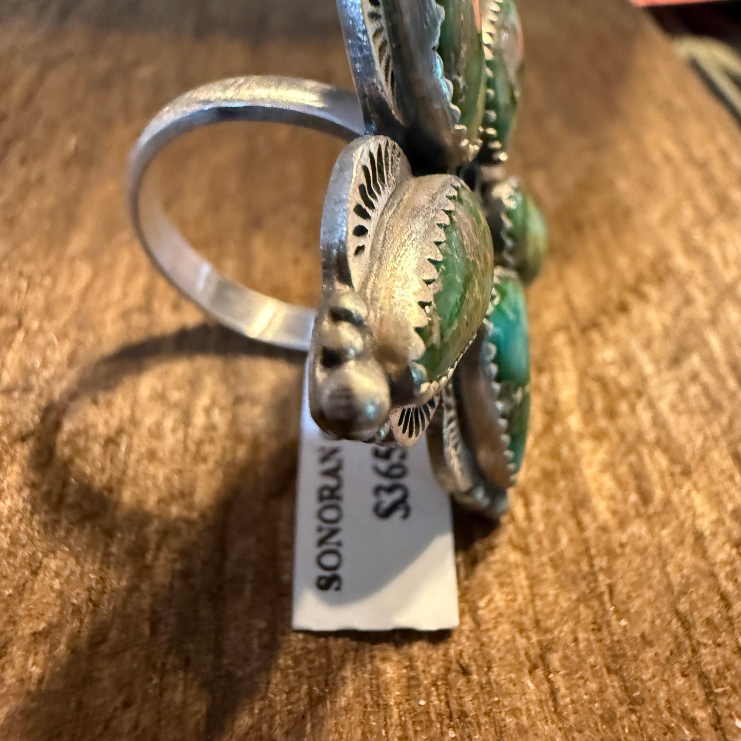 Sonoran Gold Turquoise Gemstone BiG Floral Adjustable Ring, Sterling Silver Wild West Boho