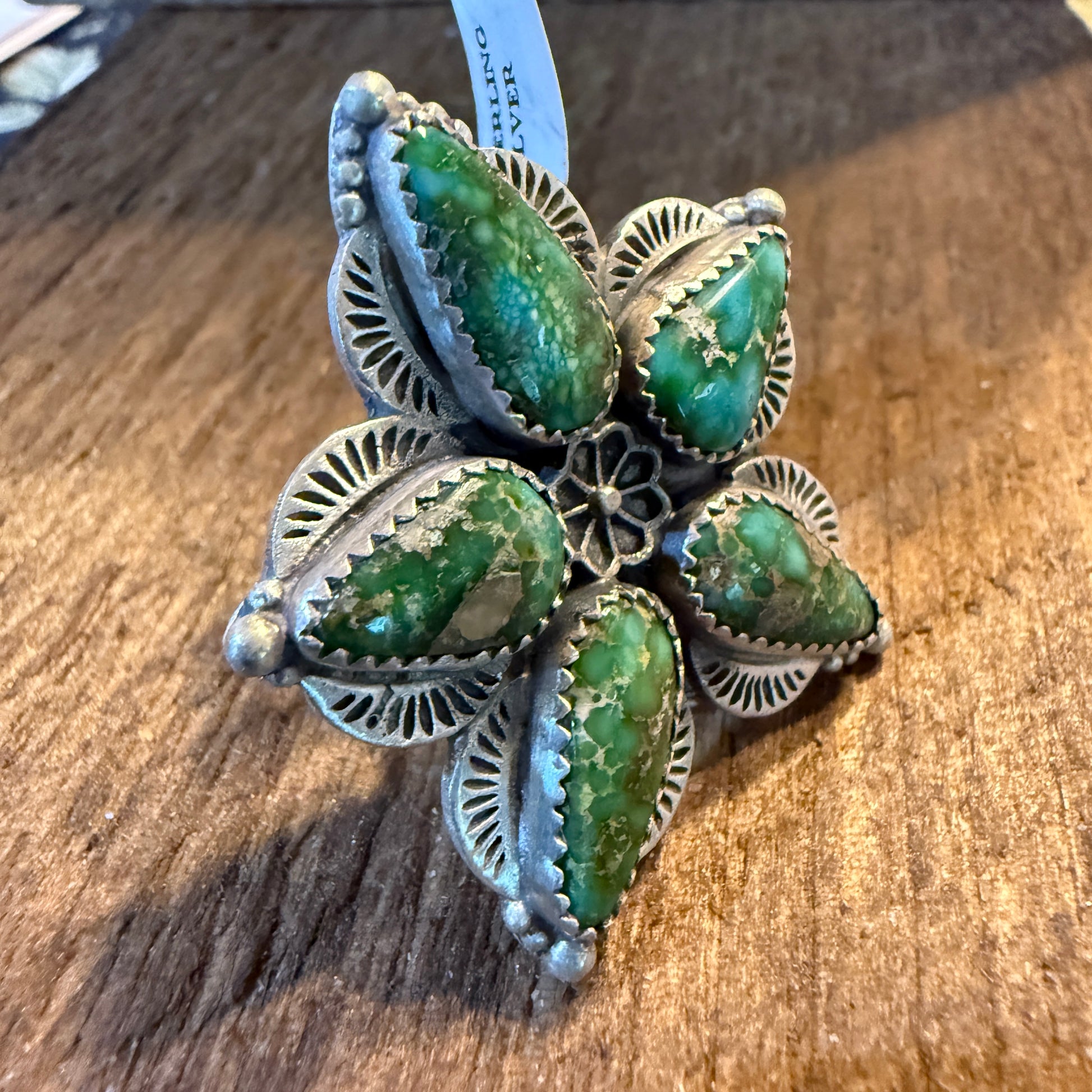 Sonoran Gold Turquoise Gemstone BiG Floral Adjustable Ring, Sterling Silver Wild West Boho