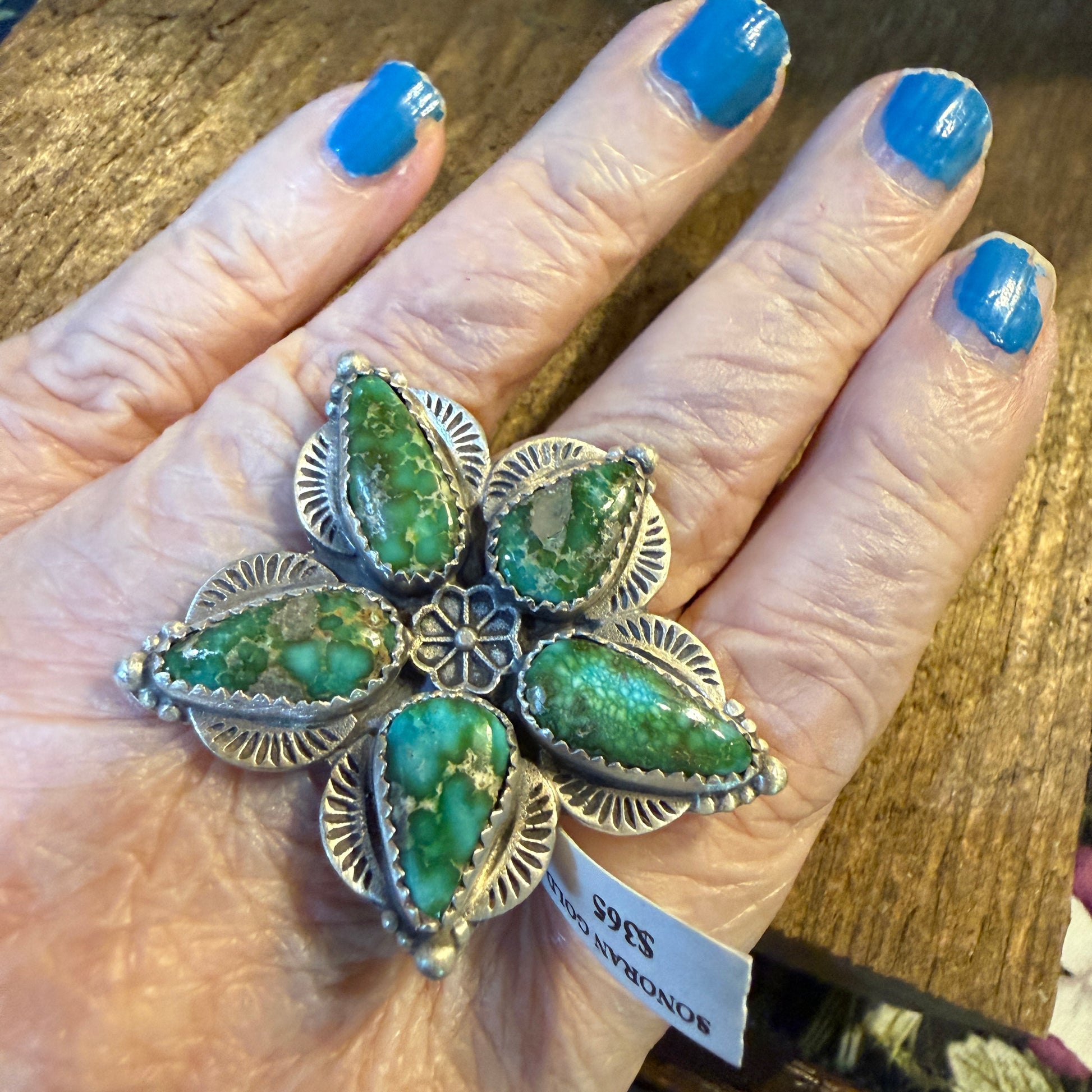 Sonoran Gold Turquoise Gemstone BiG Floral Adjustable Ring, Sterling Silver Wild West Boho