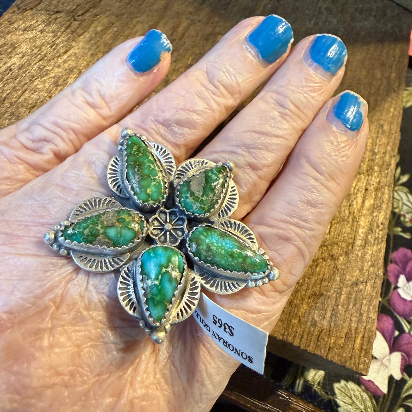 Sonoran Gold Turquoise Gemstone BiG Floral Adjustable Ring, Sterling Silver Wild West Boho