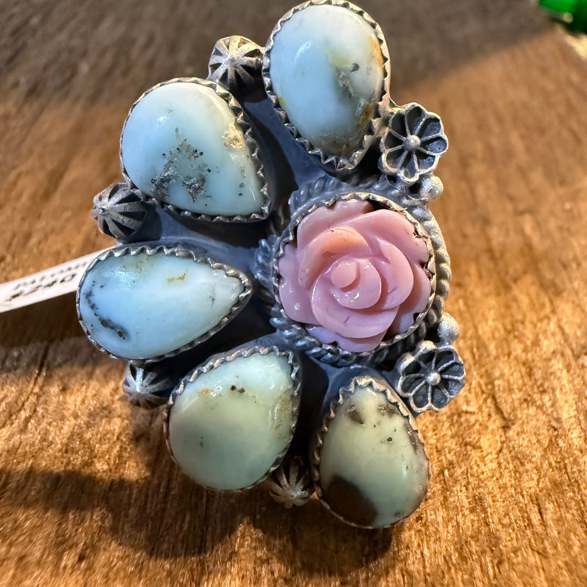 Pink Conch and Palomino Half Cluster Adjustable Ring, Sterling Silver Wild West Boho