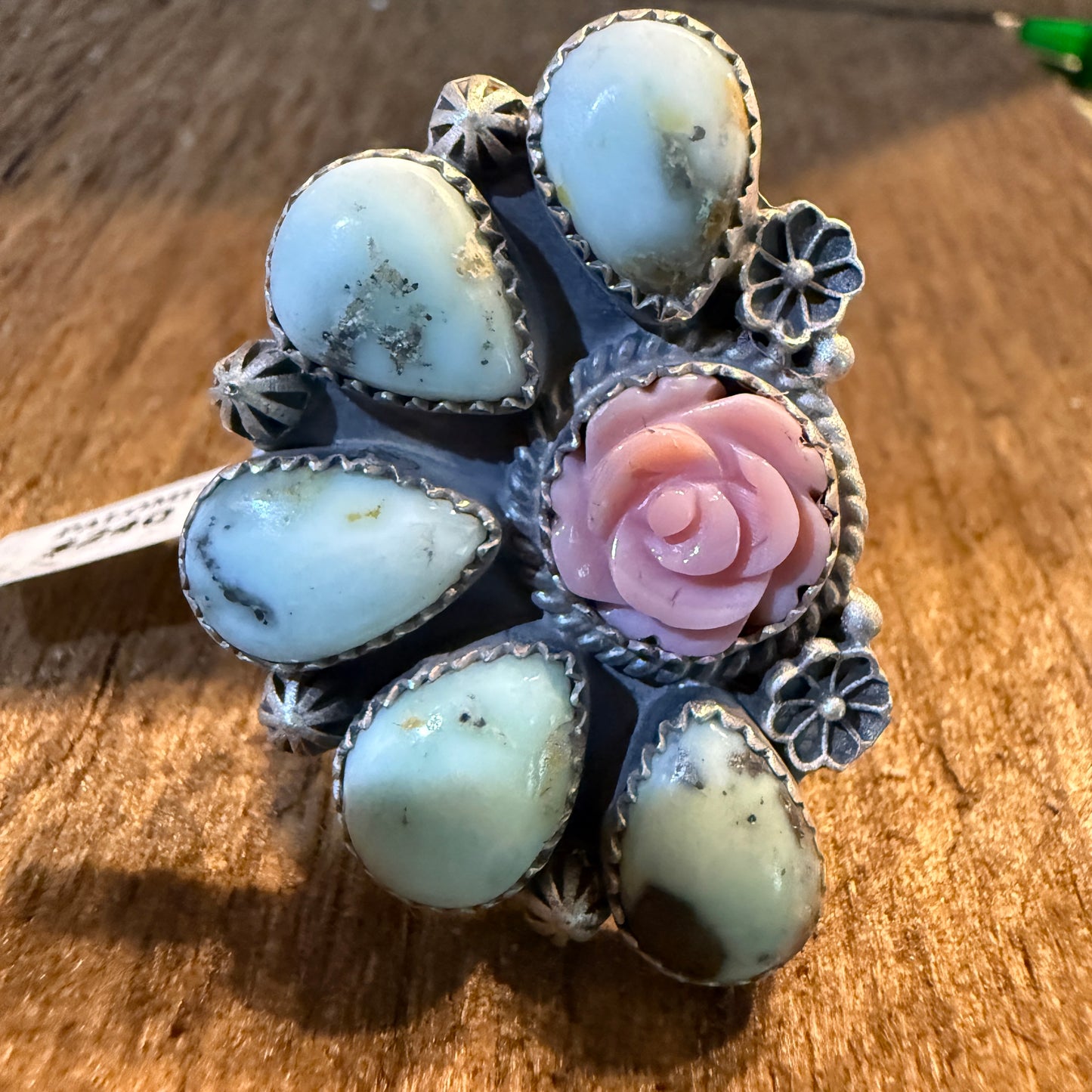 Pink Conch and Palomino Half Cluster Adjustable Ring, Sterling Silver Wild West Boho
