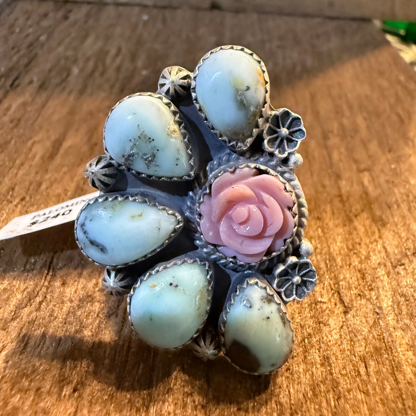 Pink Conch and Palomino Half Cluster Adjustable Ring, Sterling Silver Wild West Boho