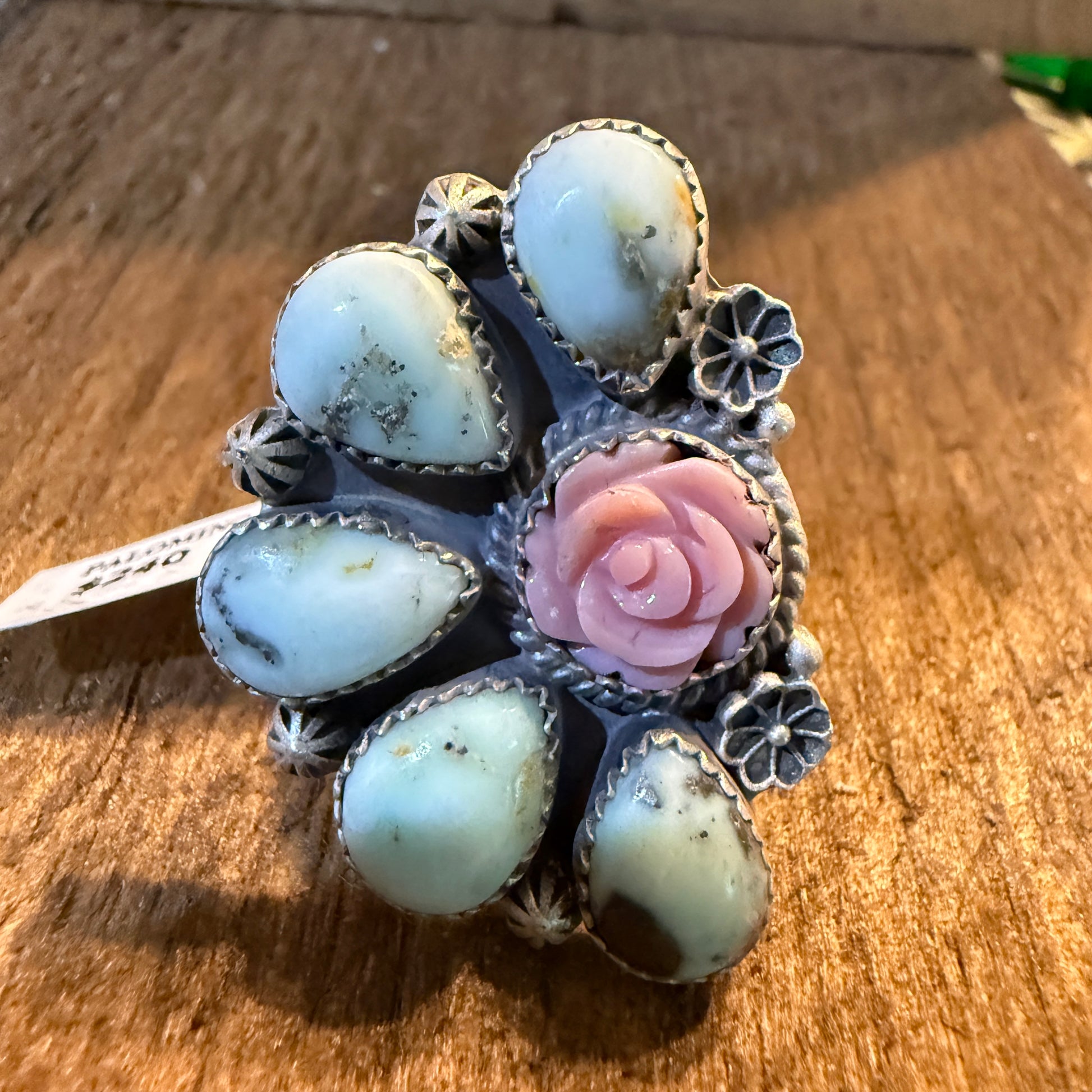 Pink Conch and Palomino Half Cluster Adjustable Ring, Sterling Silver Wild West Boho