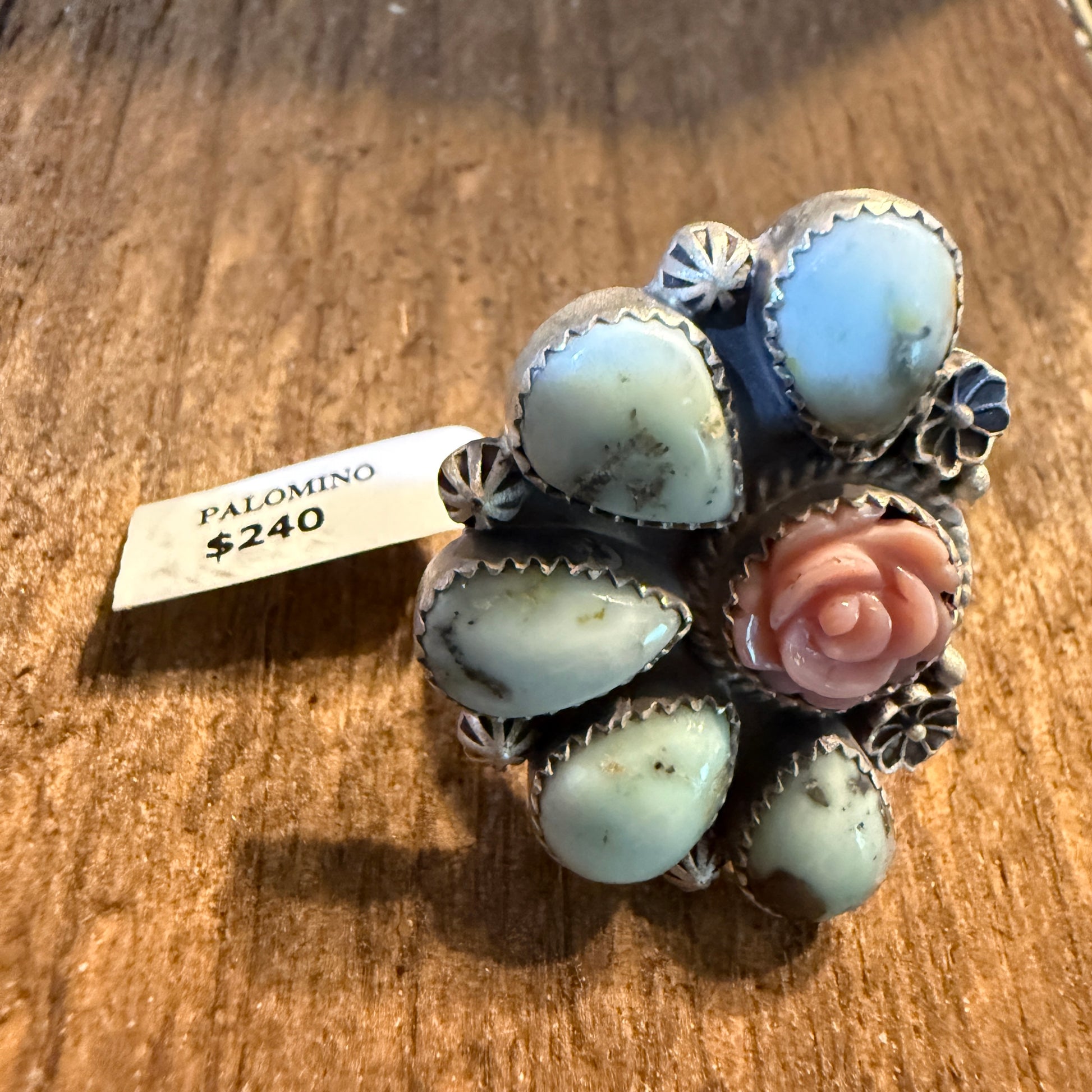 Pink Conch and Palomino Half Cluster Adjustable Ring, Sterling Silver Wild West Boho