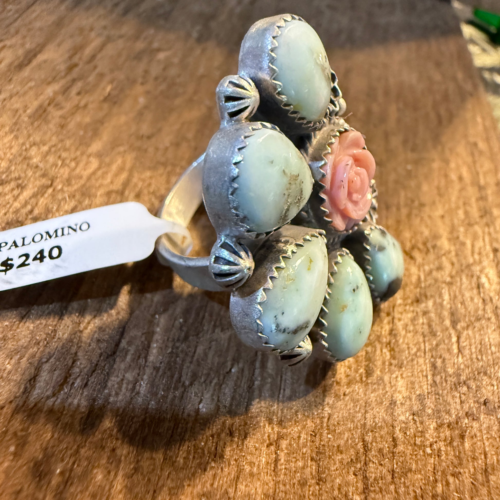 Pink Conch and Palomino Half Cluster Adjustable Ring, Sterling Silver Wild West Boho