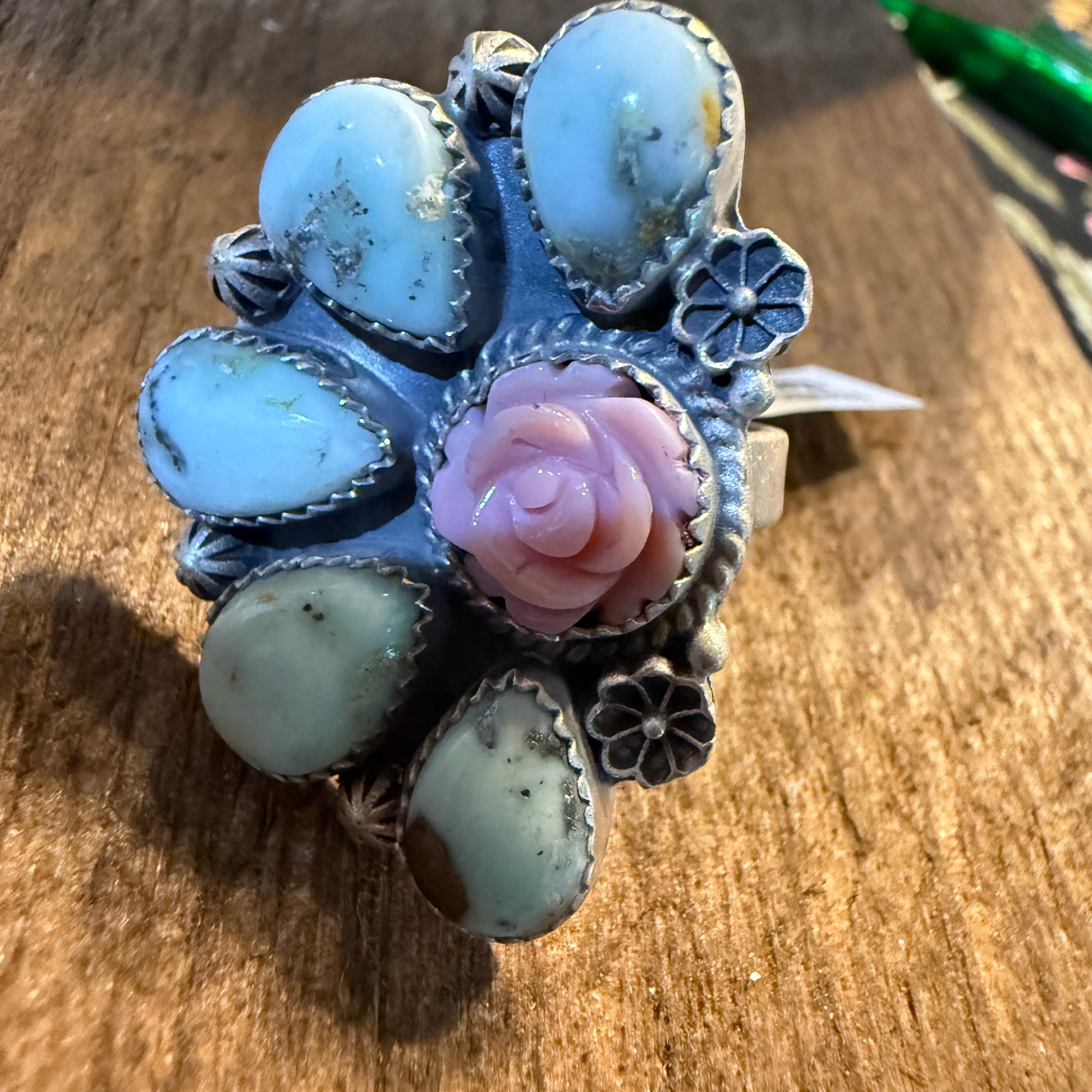 Pink Conch and Palomino Half Cluster Adjustable Ring, Sterling Silver Wild West Boho