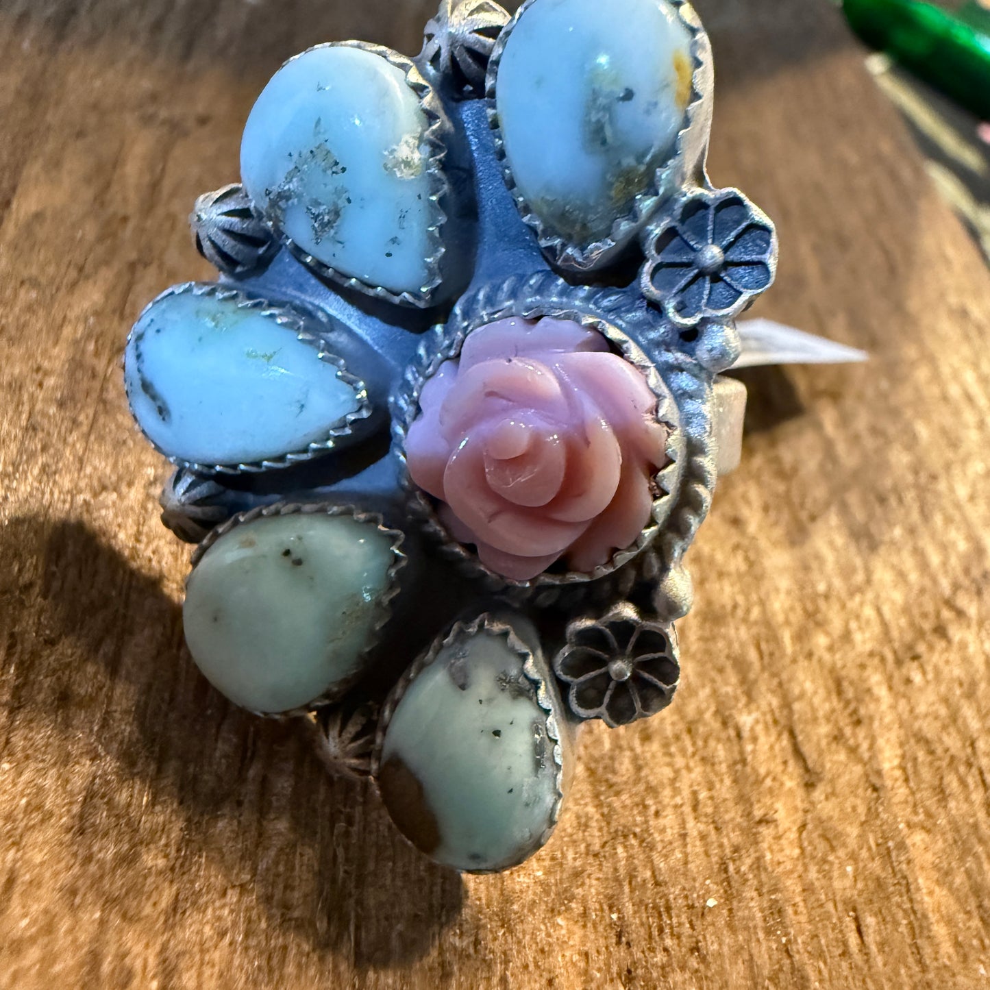 Pink Conch and Palomino Half Cluster Adjustable Ring, Sterling Silver Wild West Boho