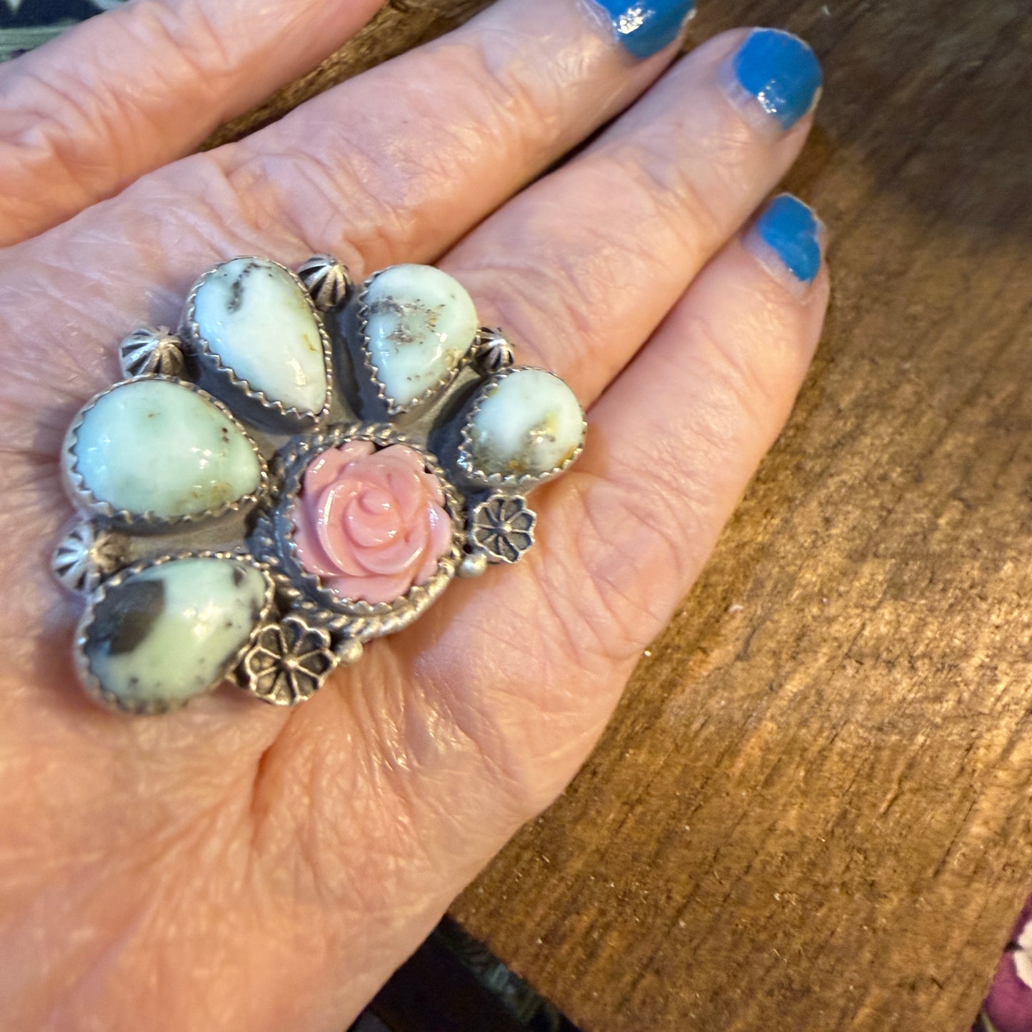 Pink Conch and Palomino Half Cluster Adjustable Ring, Sterling Silver Wild West Boho