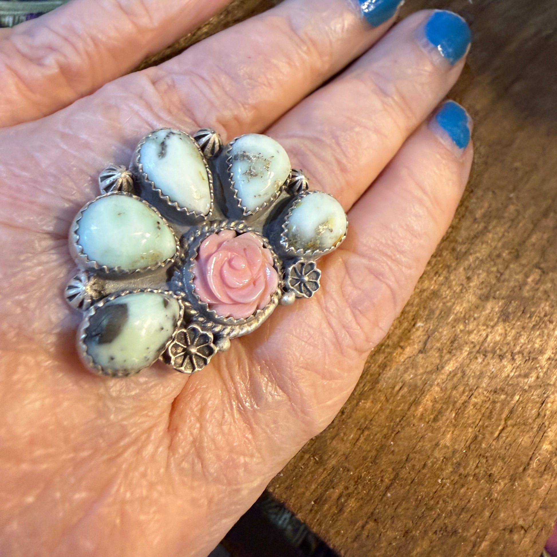Pink Conch and Palomino Half Cluster Adjustable Ring, Sterling Silver Wild West Boho