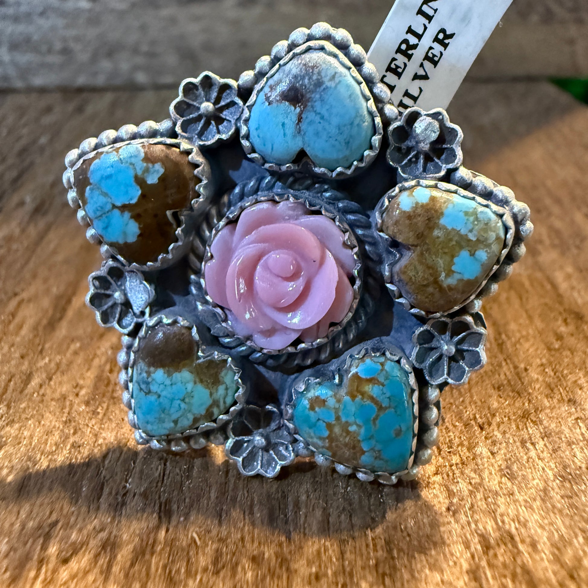 Mine Number 8 and Pink Conch Floral Cluster Adjustable Ring, Sterling Silver Wild West Boho