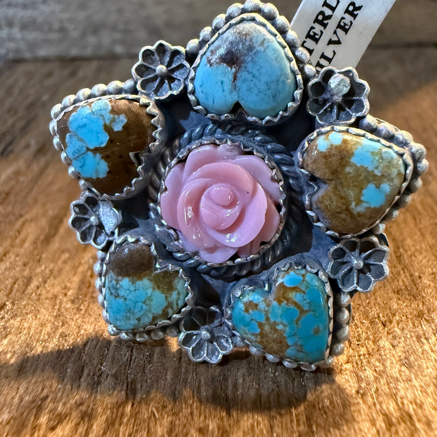 Mine Number 8 and Pink Conch Floral Cluster Adjustable Ring, Sterling Silver Wild West Boho