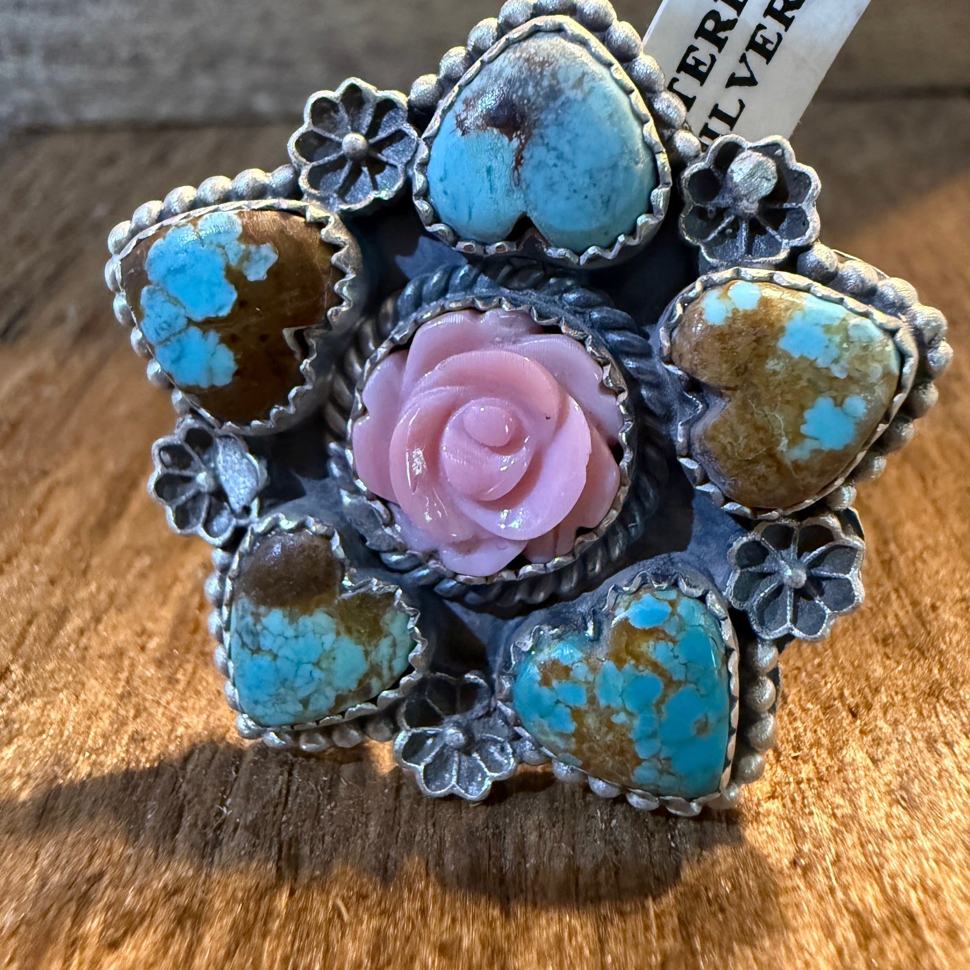 Mine Number 8 and Pink Conch Floral Cluster Adjustable Ring, Sterling Silver Wild West Boho