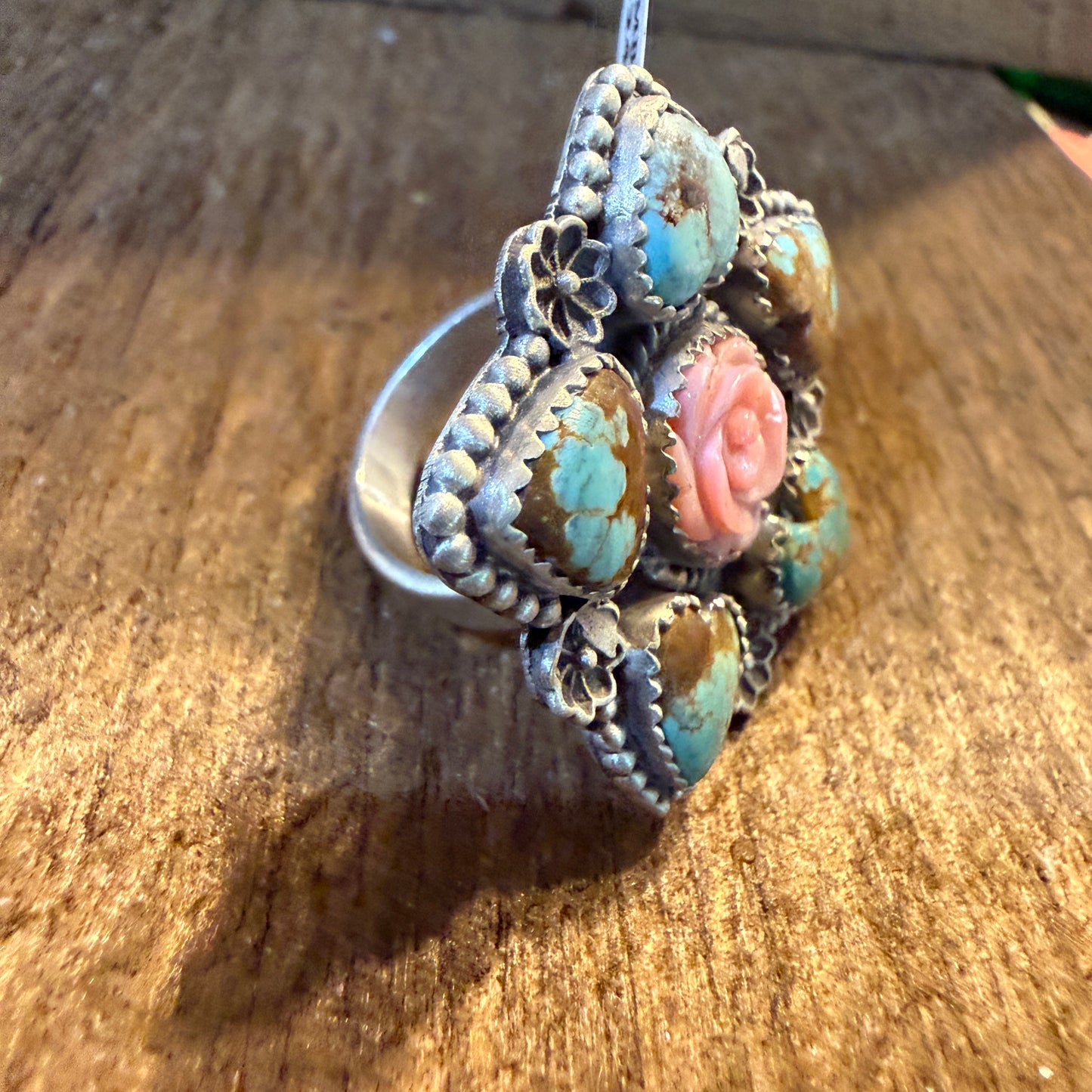 Mine Number 8 and Pink Conch Floral Cluster Adjustable Ring, Sterling Silver Wild West Boho