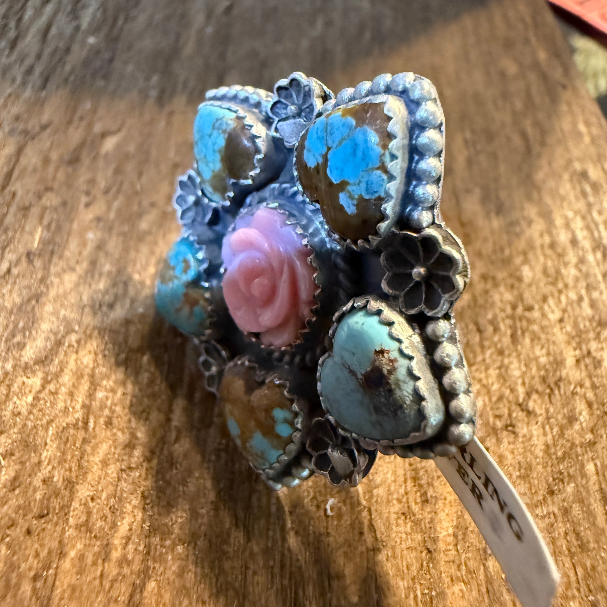 Mine Number 8 and Pink Conch Floral Cluster Adjustable Ring, Sterling Silver Wild West Boho