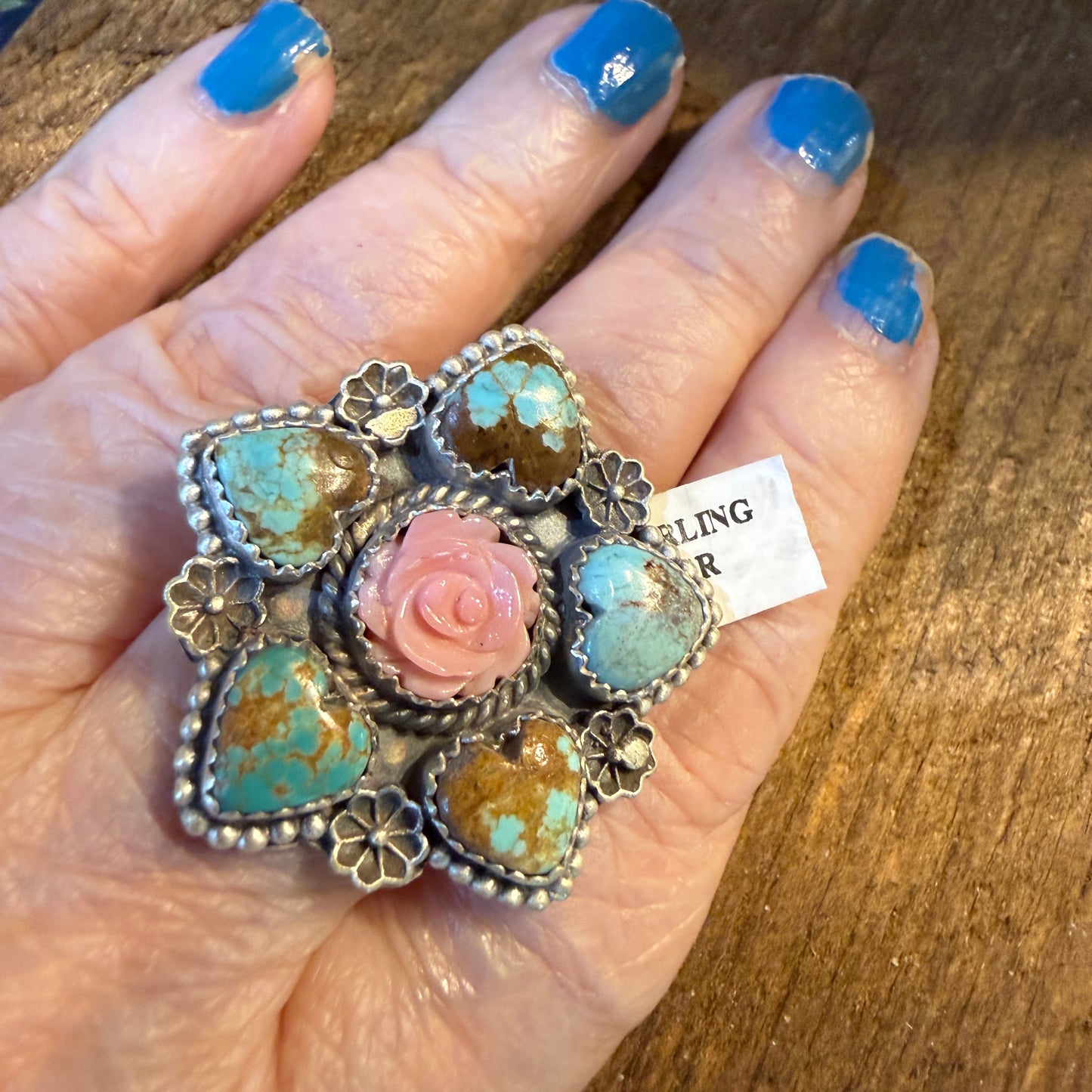 Mine Number 8 and Pink Conch Floral Cluster Adjustable Ring, Sterling Silver Wild West Boho