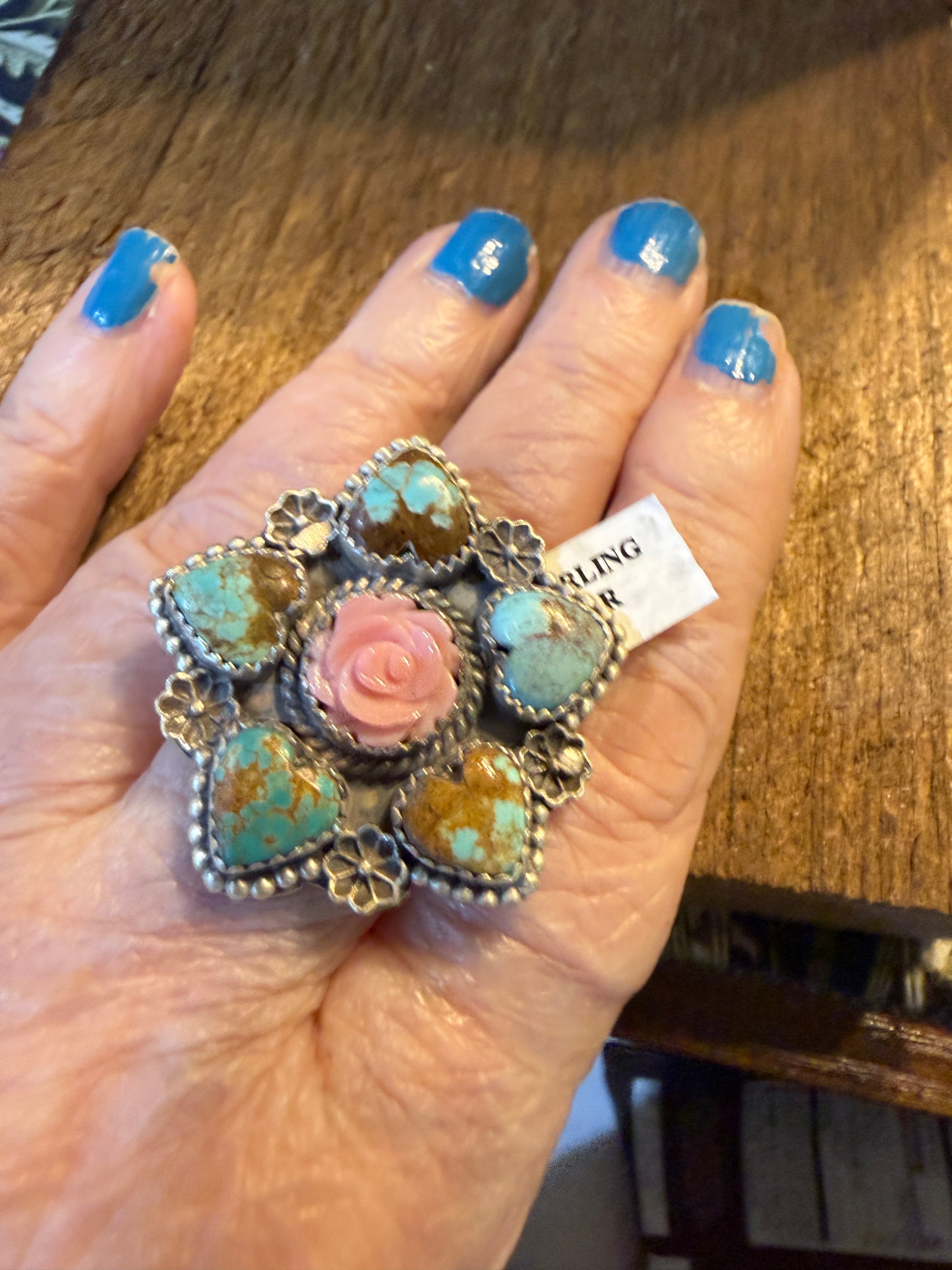 Mine Number 8 and Pink Conch Floral Cluster Adjustable Ring, Sterling Silver Wild West Boho