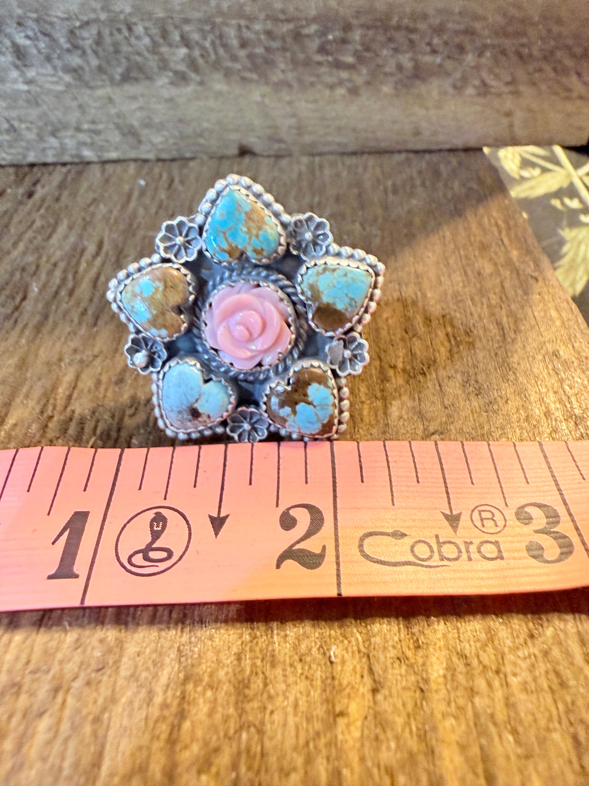 Mine Number 8 and Pink Conch Floral Cluster Adjustable Ring, Sterling Silver Wild West Boho