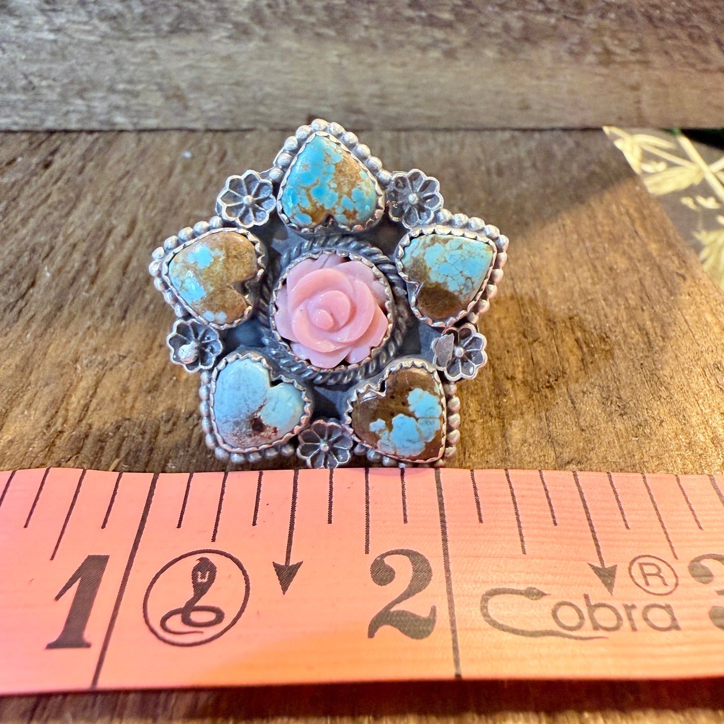 Mine Number 8 and Pink Conch Floral Cluster Adjustable Ring, Sterling Silver Wild West Boho