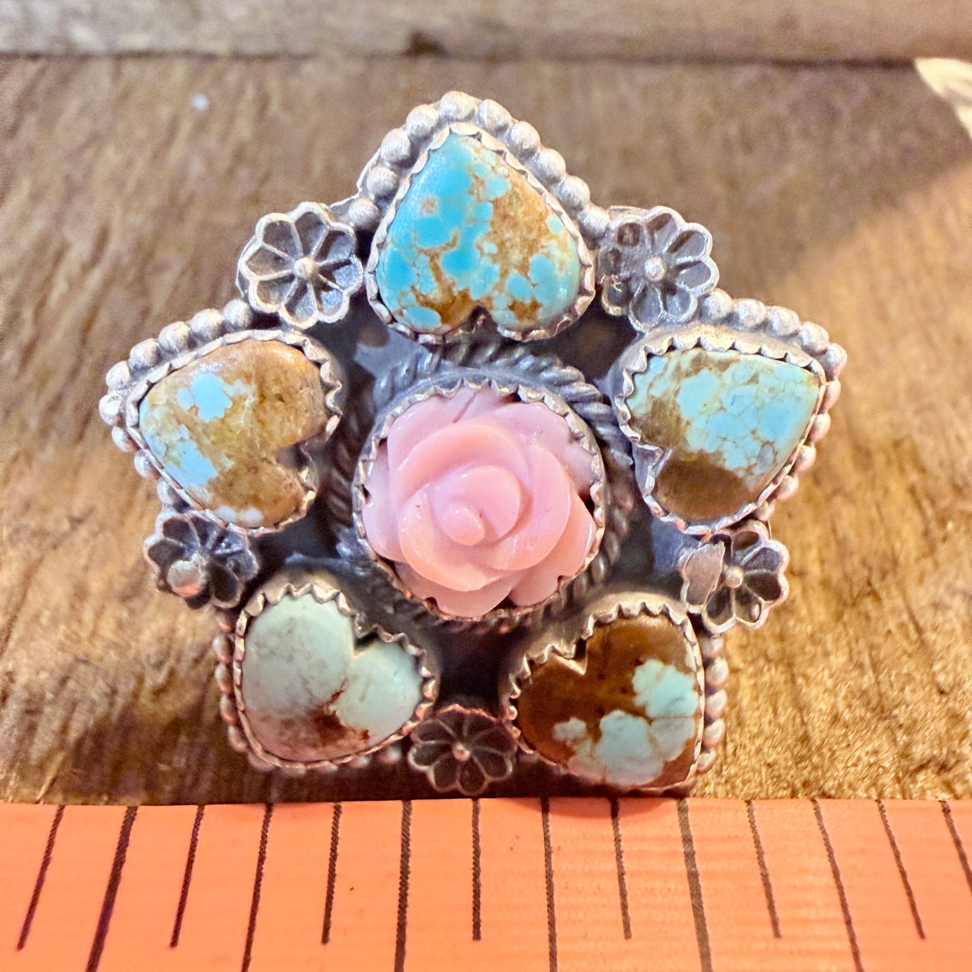 Mine Number 8 and Pink Conch Floral Cluster Adjustable Ring, Sterling Silver Wild West Boho