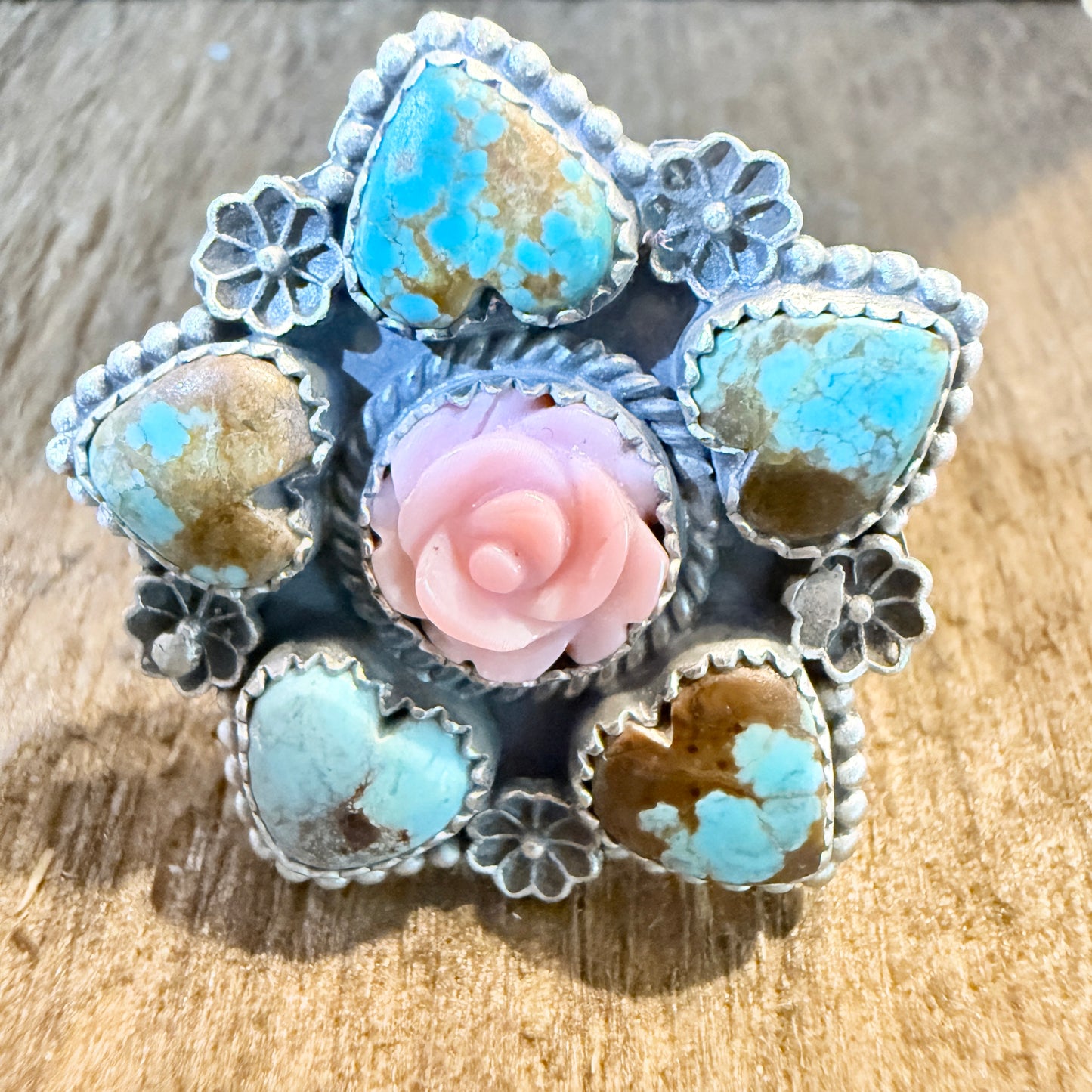 Mine Number 8 and Pink Conch Floral Cluster Adjustable Ring, Sterling Silver Wild West Boho
