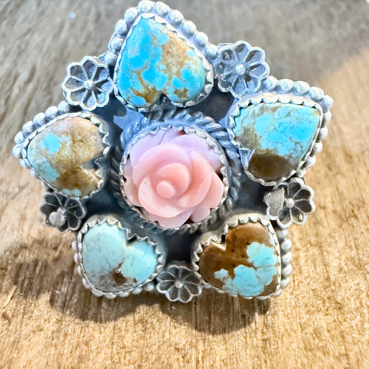 Mine Number 8 and Pink Conch Floral Cluster Adjustable Ring, Sterling Silver Wild West Boho